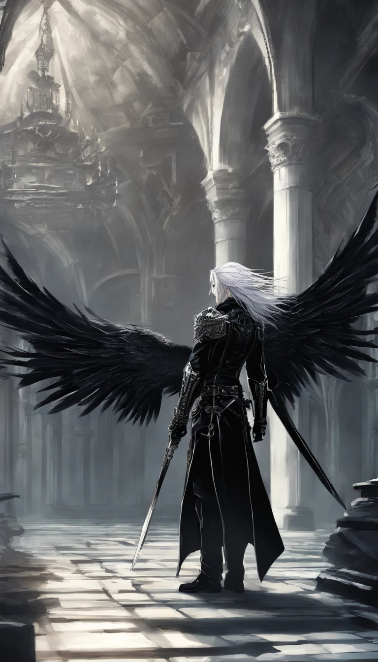 awe inspiring,,Dark and mysterious interior architecture,, depth of fields, One-person viewpoint, top-quality, hight resolution, ighly detailed,, The ultra -The high-definition,Focus on the eyes,Antique style, (silber hair: 1.1), (Silver eyes: 1.1), big eye,(Fluttering chest:1.4),llight rays,Tyndall phenomenon,Strong light shines in,One-winged fallen angel,Black wings,FF7,Sephiroth,male people,Black leather clothing,masamune,27yo,
