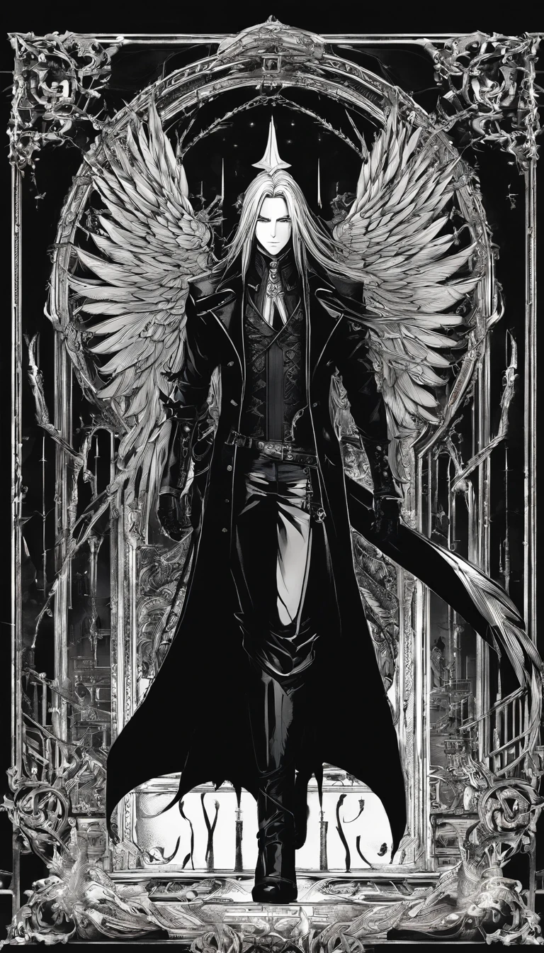 awe inspiring,,Dark and mysterious interior architecture,, depth of fields, One-person viewpoint, top-quality, hight resolution, ighly detailed,, The ultra -The high-definition,Focus on the eyes,Antique style, (silber hair: 1.1), (Silver eyes: 1.1), big eye,(Fluttering chest:1.4),llight rays,Tyndall phenomenon,Strong light shines in,One-winged fallen angel,Black wings,FF7,Sephiroth,male people,Black leather clothing,masamune,27yo,