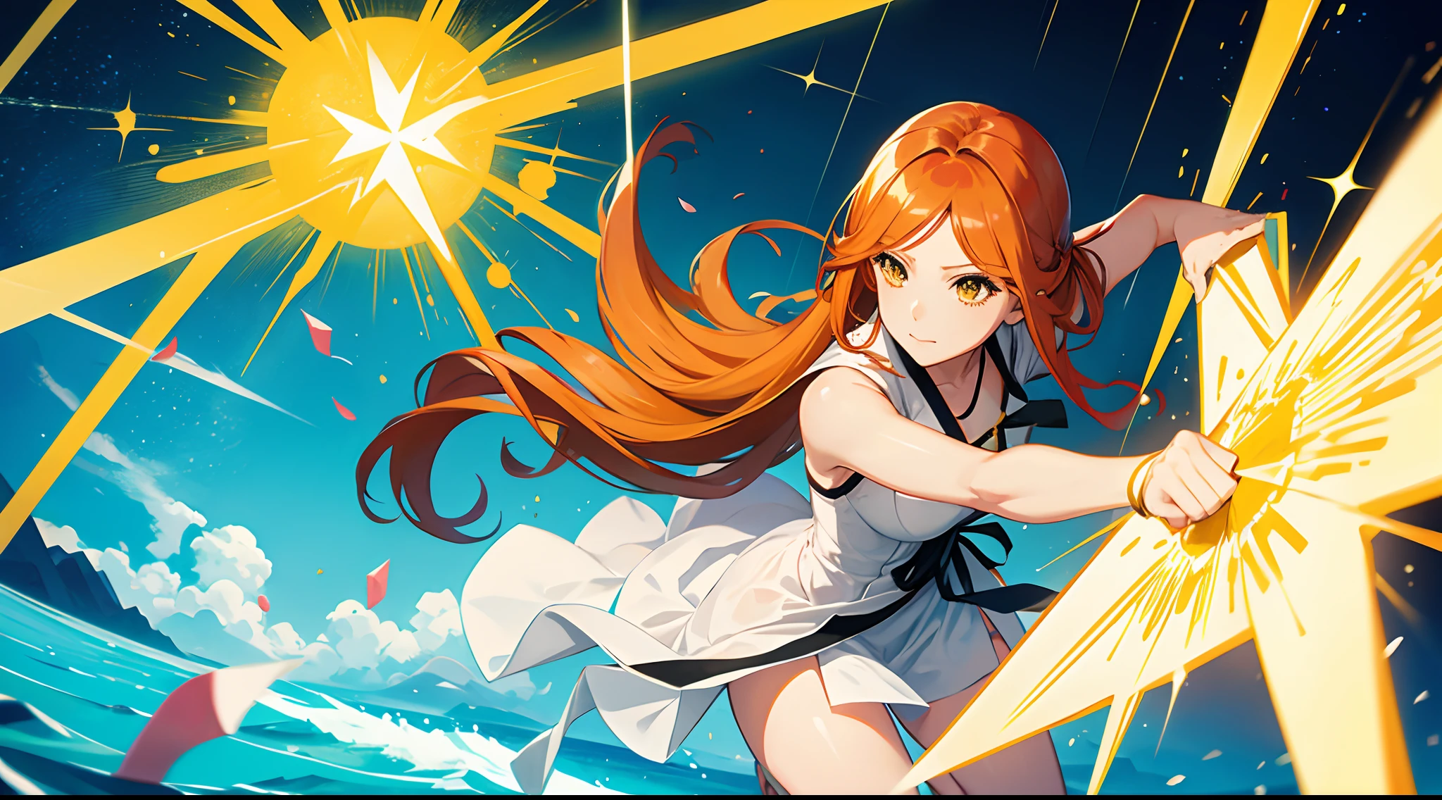 Orihime Kurosaki from \(BLEACH\), casting her skills making a yellow-colored barrier triangle-shaped