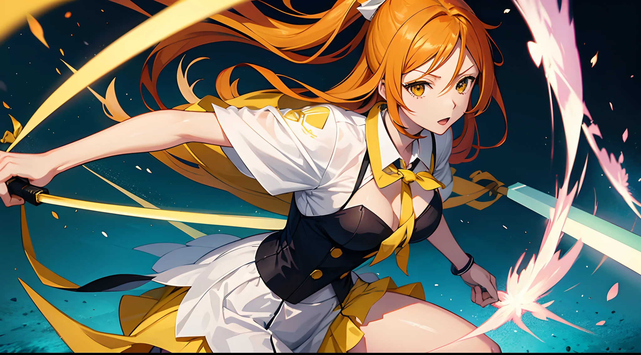 Orihime Kurosaki from \(BLEACH\), casting her skills making a yellow-colored barrier triangle-shaped