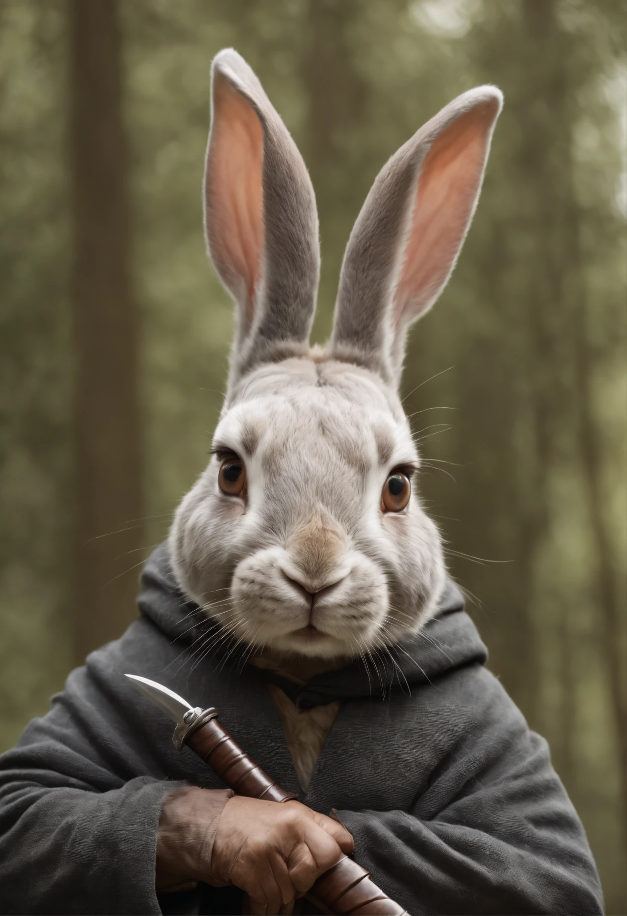 female rabbit, menacing fighter, holding a sword, hood covers head with hears protruding,