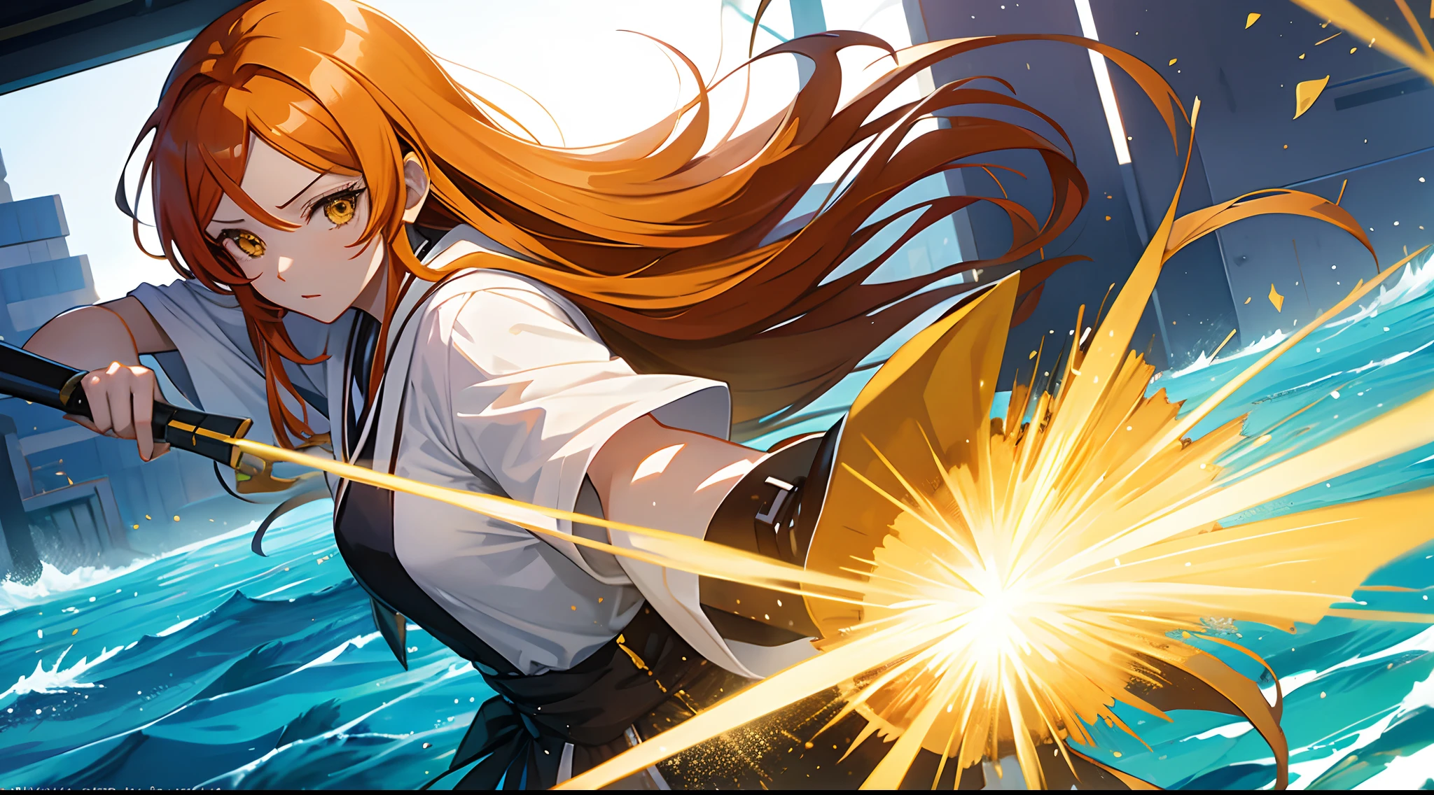 Orihime Kurosaki from \(BLEACH\), casting her skills making a yellow-colored barrier triangle-shaped