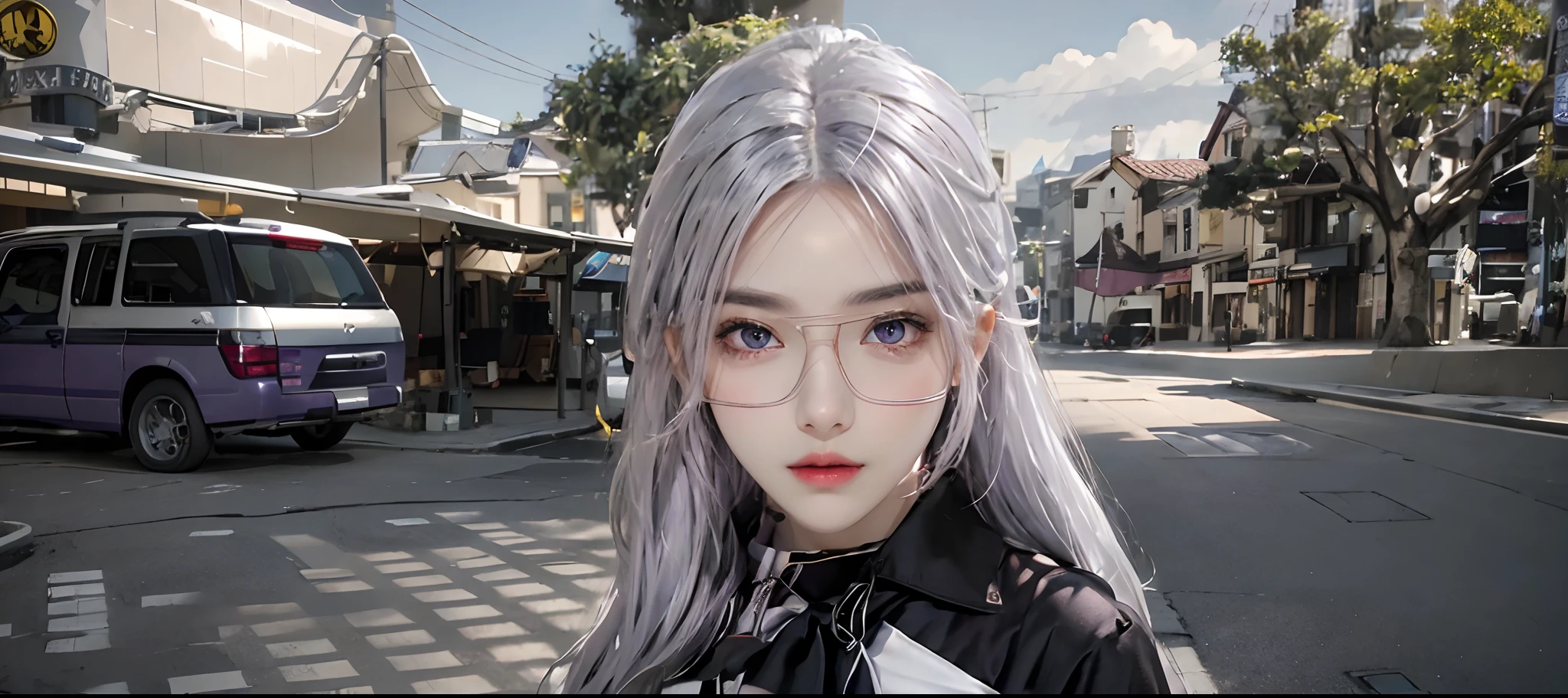 photorealistic, high resolution, 1 woman, hips up, beautiful purple eyes, white hair, long hair, ringed eyes, collared shirt, black necktie,black skirt, pencil skirt