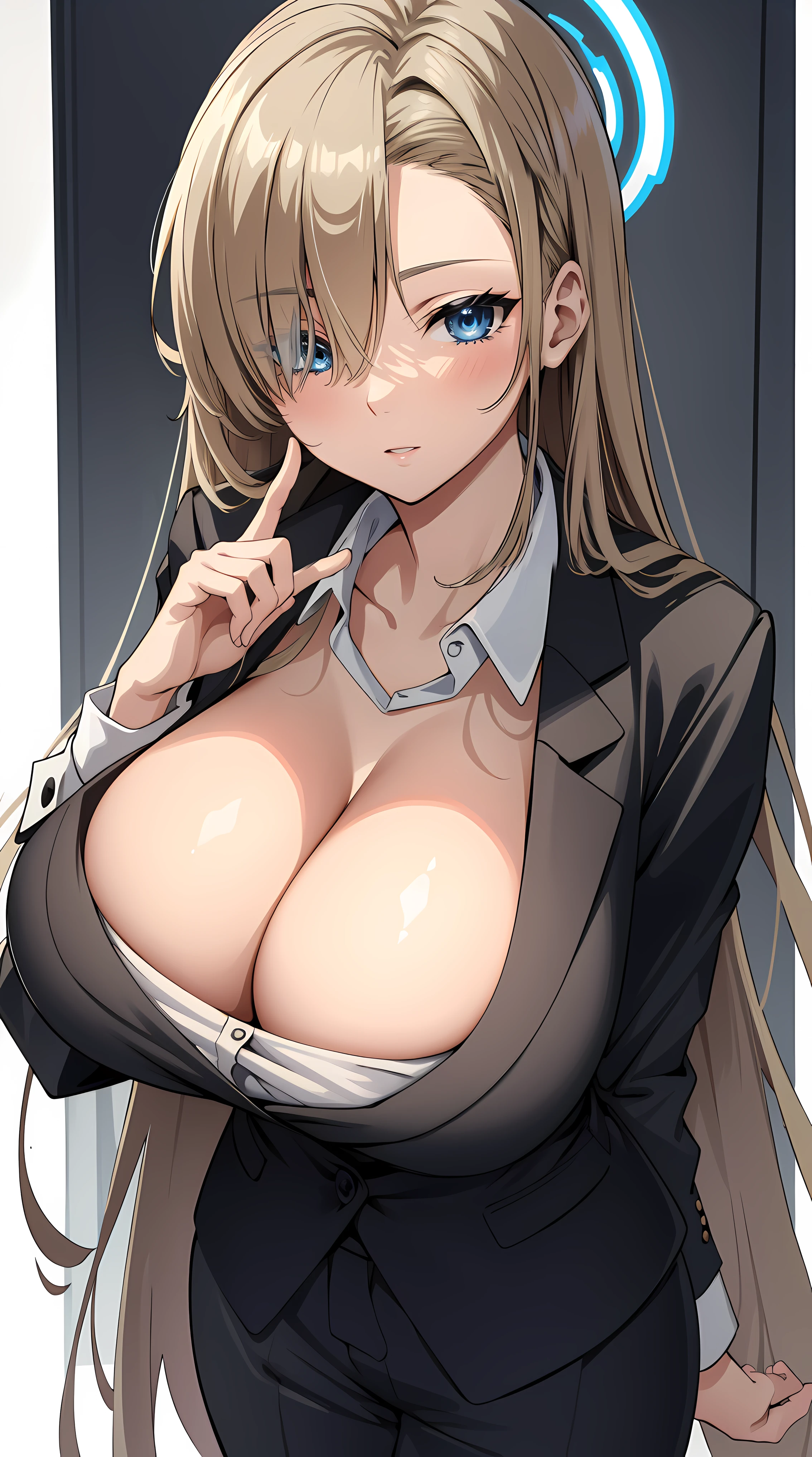 (highres), (absurdres), (best quality), (high quality), (masterpiece), 1girl, asuna, blue eyes, long hair, halo, hair over one eye, very long hair, light brown hair, (large breasts, gigantic breasts), formal office suit, pray hands sign, looking at viewer, 8K HD RTX, exquisite finger details,