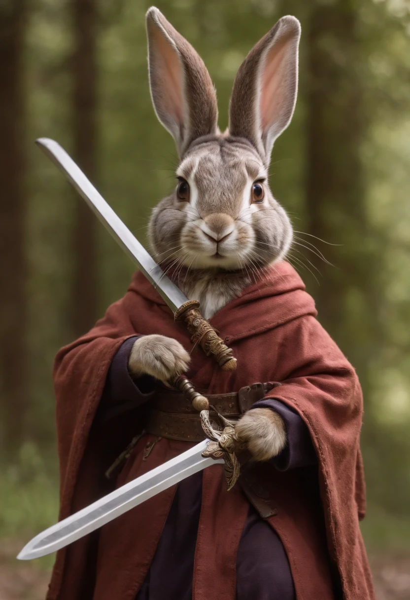 rabbit mage, cloaked, dangerous with a sword, mysterious, fighter adventurer, rabbit