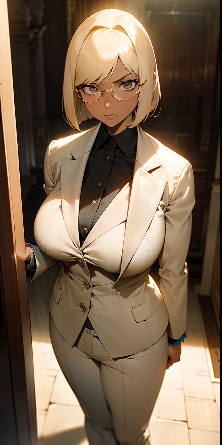 1woman, milf ,40 years, mature woman, solo, angry ,(((standing in front of a room inside a castle))) dark skin,( dark-skin) ,blonde bob cut ,confidant dark skinned inspector amine, strong combat tance , sword sheathe ,sword sheathed a , (((light beige blazer ))) , suit pants , professional posture ,( glasses)