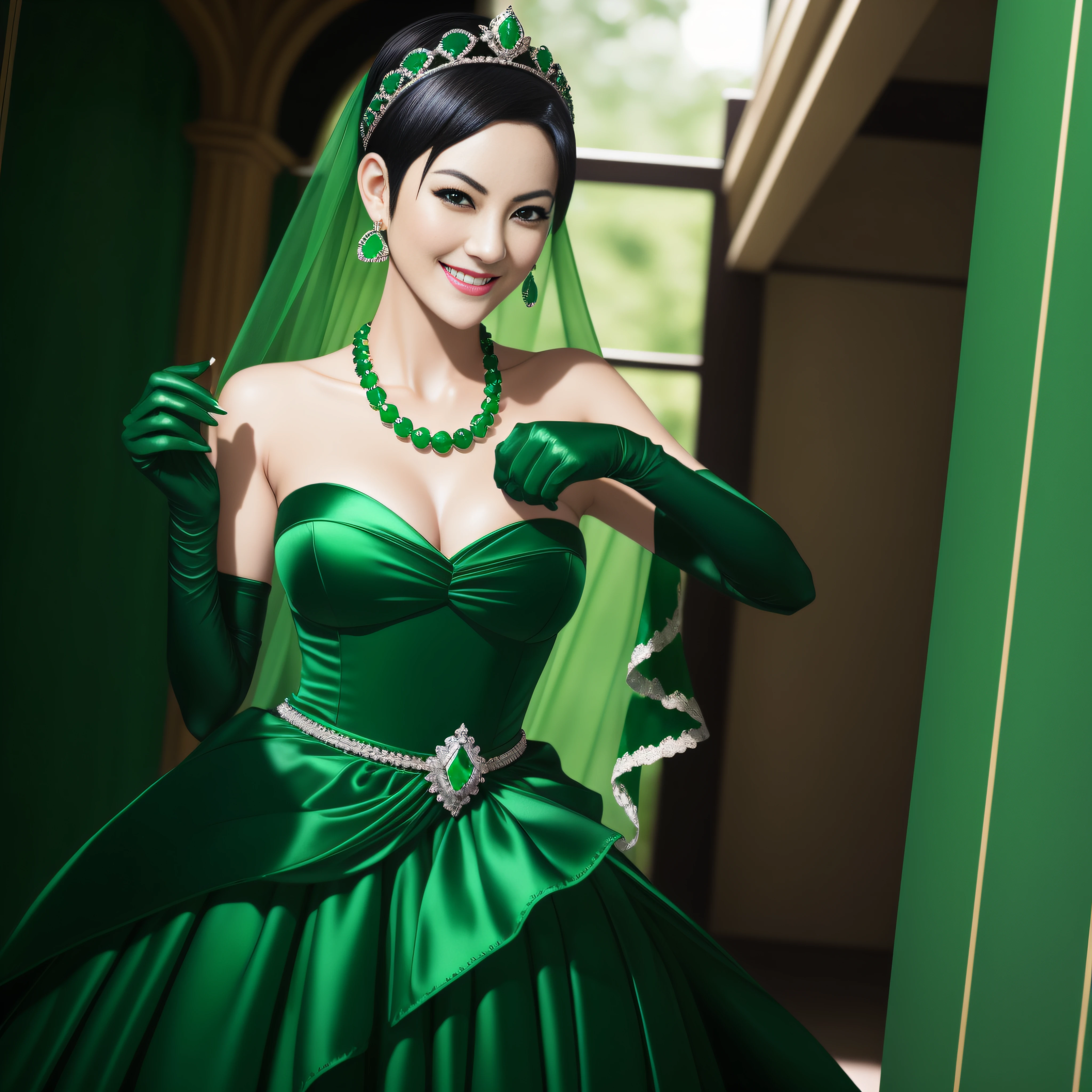 emerald tiara, Green Pearl Necklace, Boyish very short black hair, lipsticks, Japan woman smiling, very short short hair, big breasts beautiful, Green eyes, Long green gloves made of satin material, Green eyes, Emerald Earrings