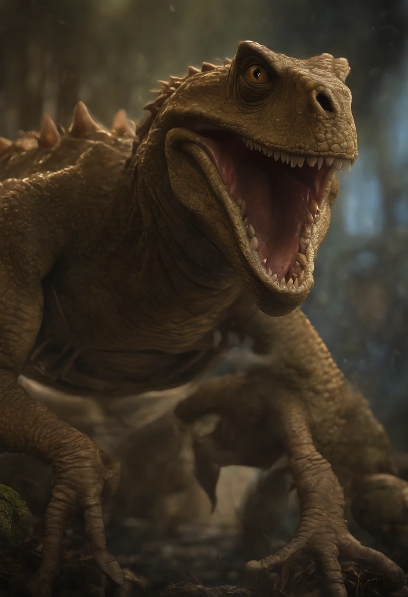 a close up of a cartoon character with a big smile, concept art by Andrew Ferez, behance contest winner, pop surrealism, award winning creature portrait, lizardfolk, full color illustration, anthropomorphic creature, humanoid turtle monster, dzo, epic full color illustration, full art illustration, frogzilla creature, detailed creature, exquisite creature poster art