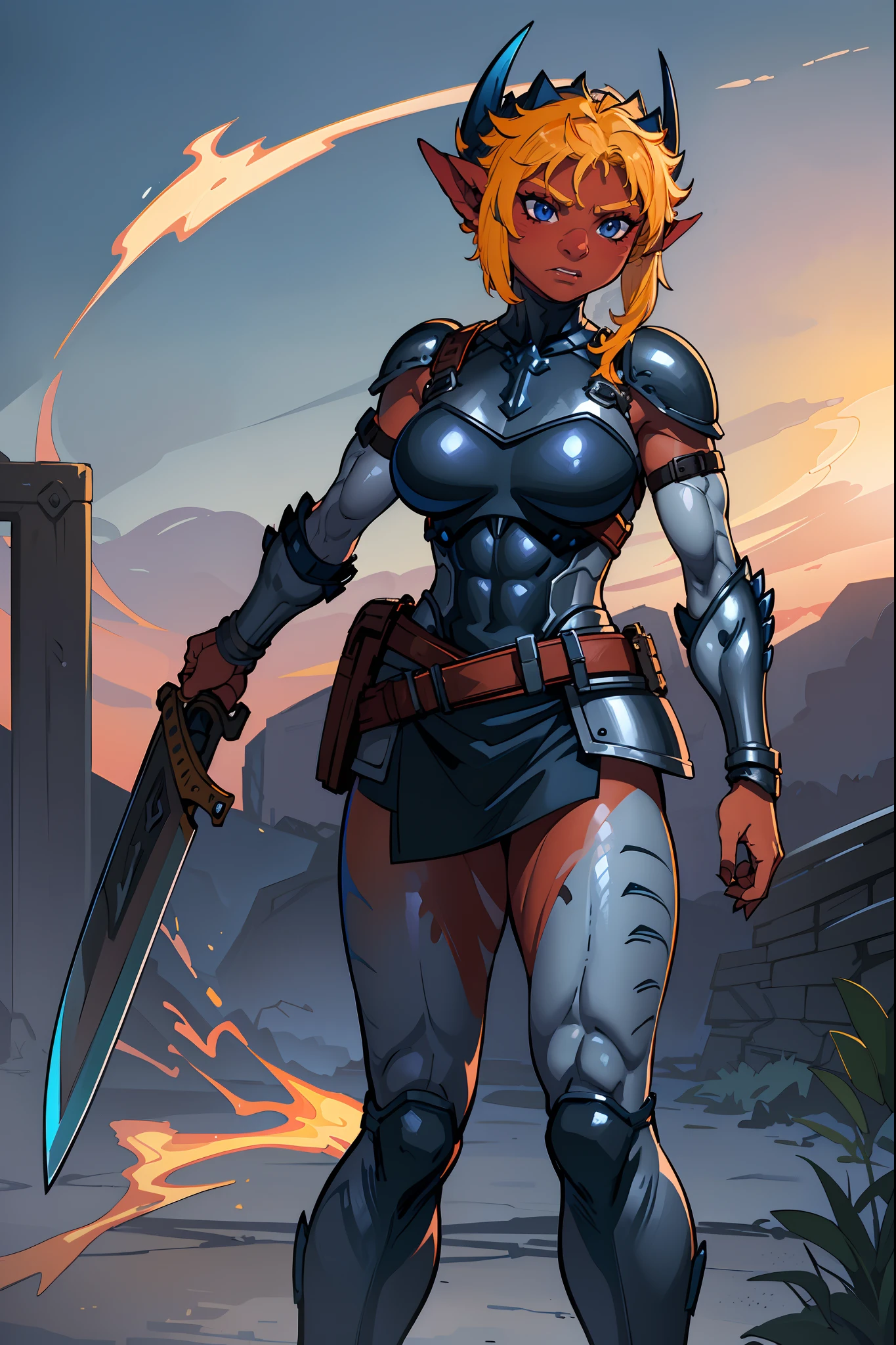 (masterpiece, best quality), outdoors, cowboy shot, 1girl, solo, Arklai, colored skin, tail, large breasts, muscular, abs, biceps, battle cry, clenched hand, (, looking at viewer, breastplate, shoulder armor, leg armor, full armor, holding sword, weapon, holding weapon,standing
