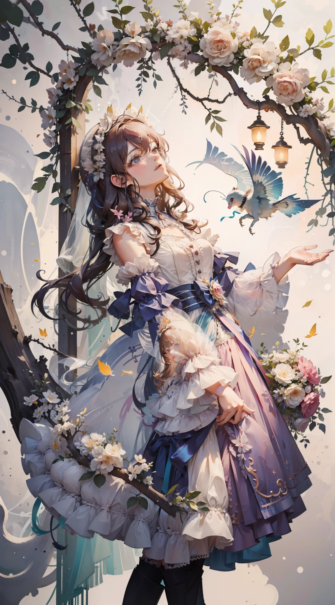 (Extremely delicate and beautiful:1.5),1girl, standing on your feet,full bodyesbian,ssmile,By bangs, eBlue eyes, Contre-Jour,Long hair, butterflys, brown hair, Keep one's mouth shut, seen from the side, lanterns, light particules, longer sleeves, looking at viewert,pink bows,独奏