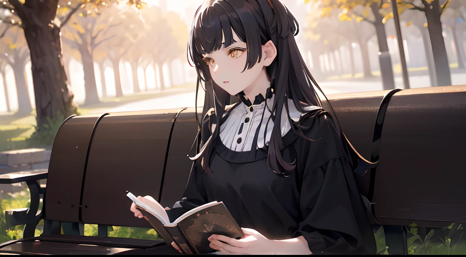 masterpiece, best quality, 1girl, black hair, ,yellow eyes, plain white shirt, sitting on a bench, reading a book, closed up, detailed background, detailed eyes, detailed facial features, realistic and high resolution (best quality, 4k, 8k, highres, masterpiece:1.2).