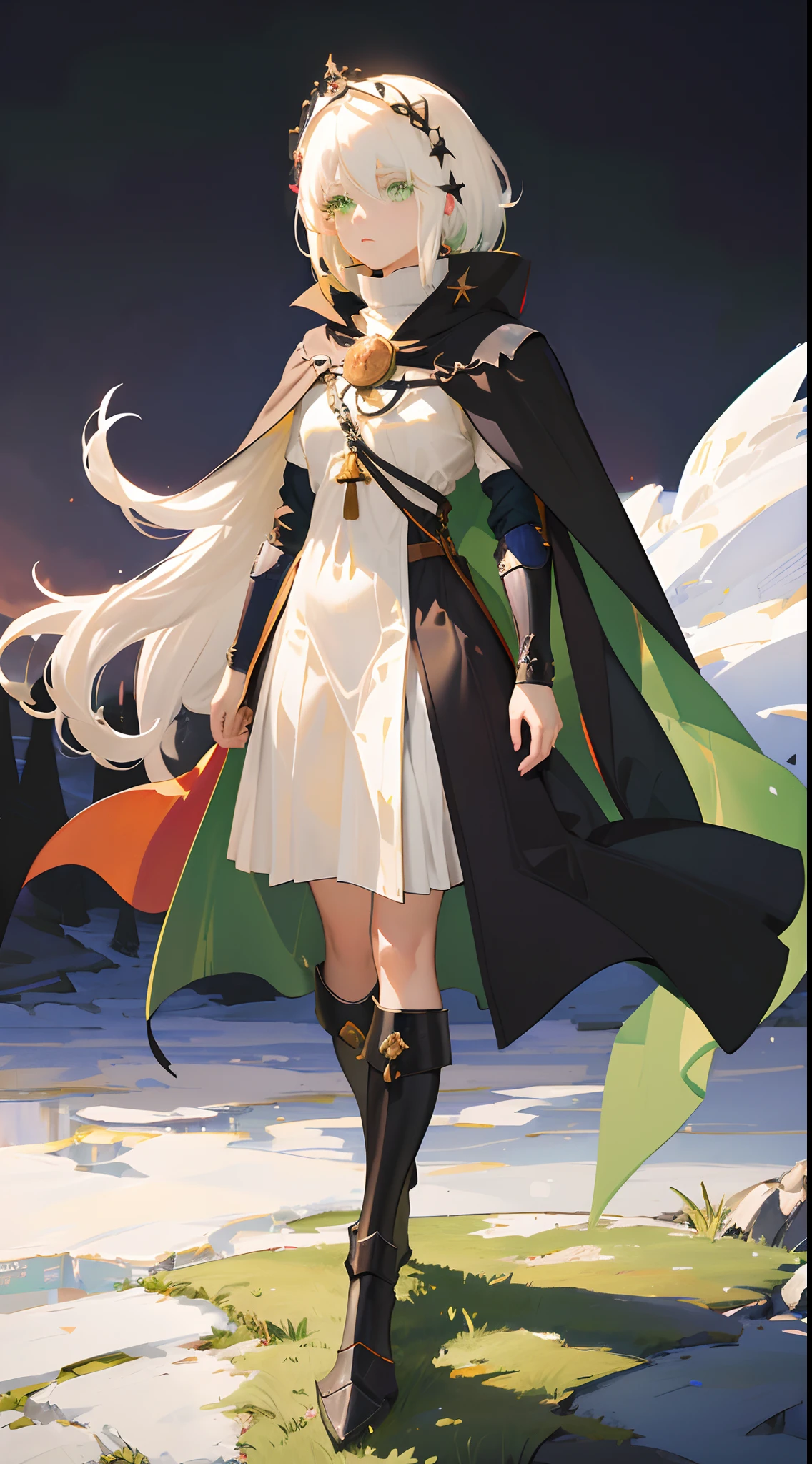 1girl, (White hair:1.8), (Light green eyes:1.7), dress, Black and white medieval clothing, (Medieval cape short black:1.6). (Long hair, Masterpiece:1.6), Best quality, super detail, 16k, anatomically correct, (beautiful eyes:1.5), retina, (shooting stars:0.9), (nebula:1.3), distant mountains, trees BREAK production art, (warm light source:1,2), lots of purple and orange, intricate details, volumetric lighting BREAK (masterpiece:1.2), (best quality), 4K, very detailed, (dynamic composition:1.4), very detailed, colorful detail, (colorful color:1.2), (luminous lighting, atmospheric lighting), dreamy, magical, (Solo:1.2)