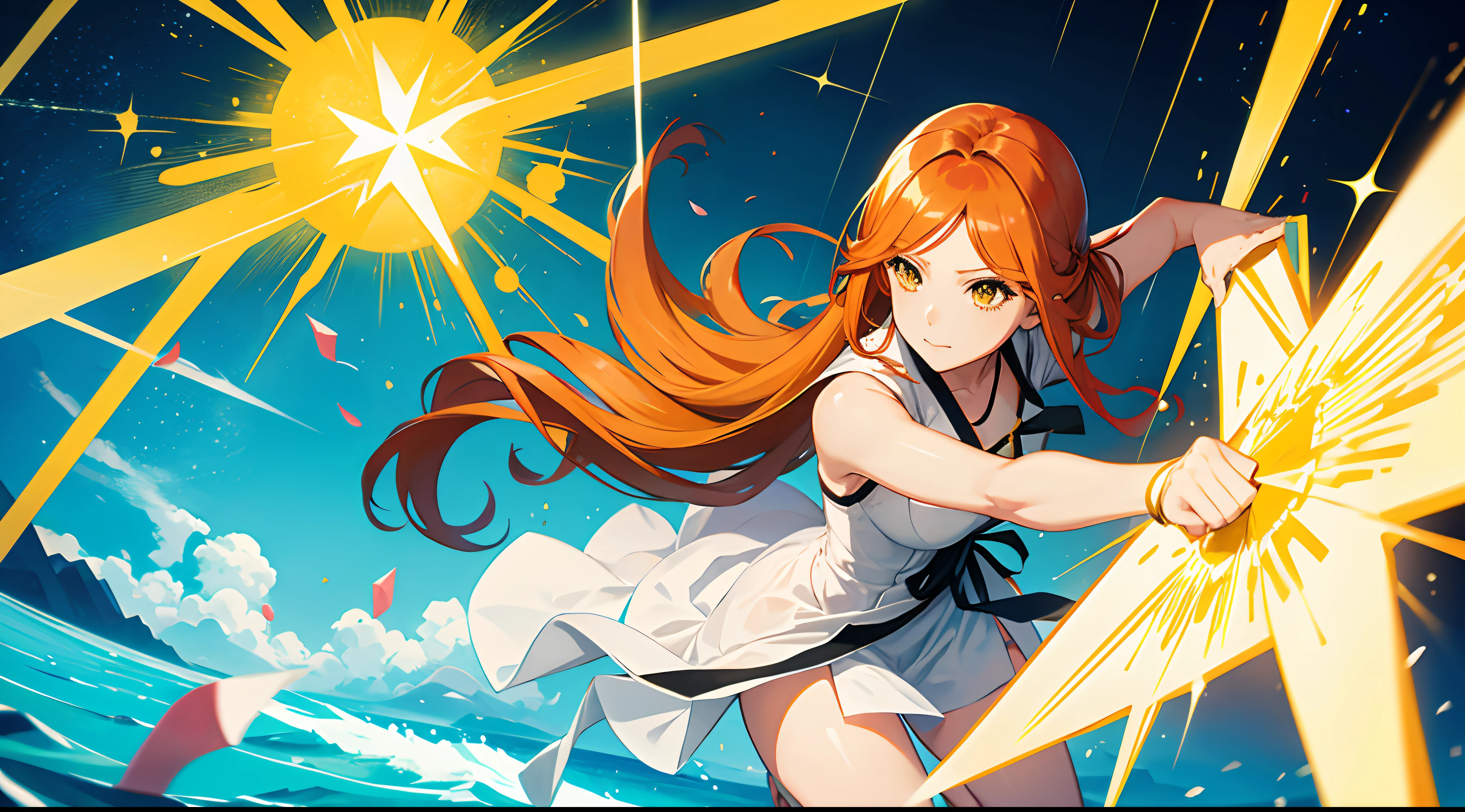 Orihime Kurosaki from \(BLEACH\), casting her skills making a yellow-colored barrier triangle-shaped
