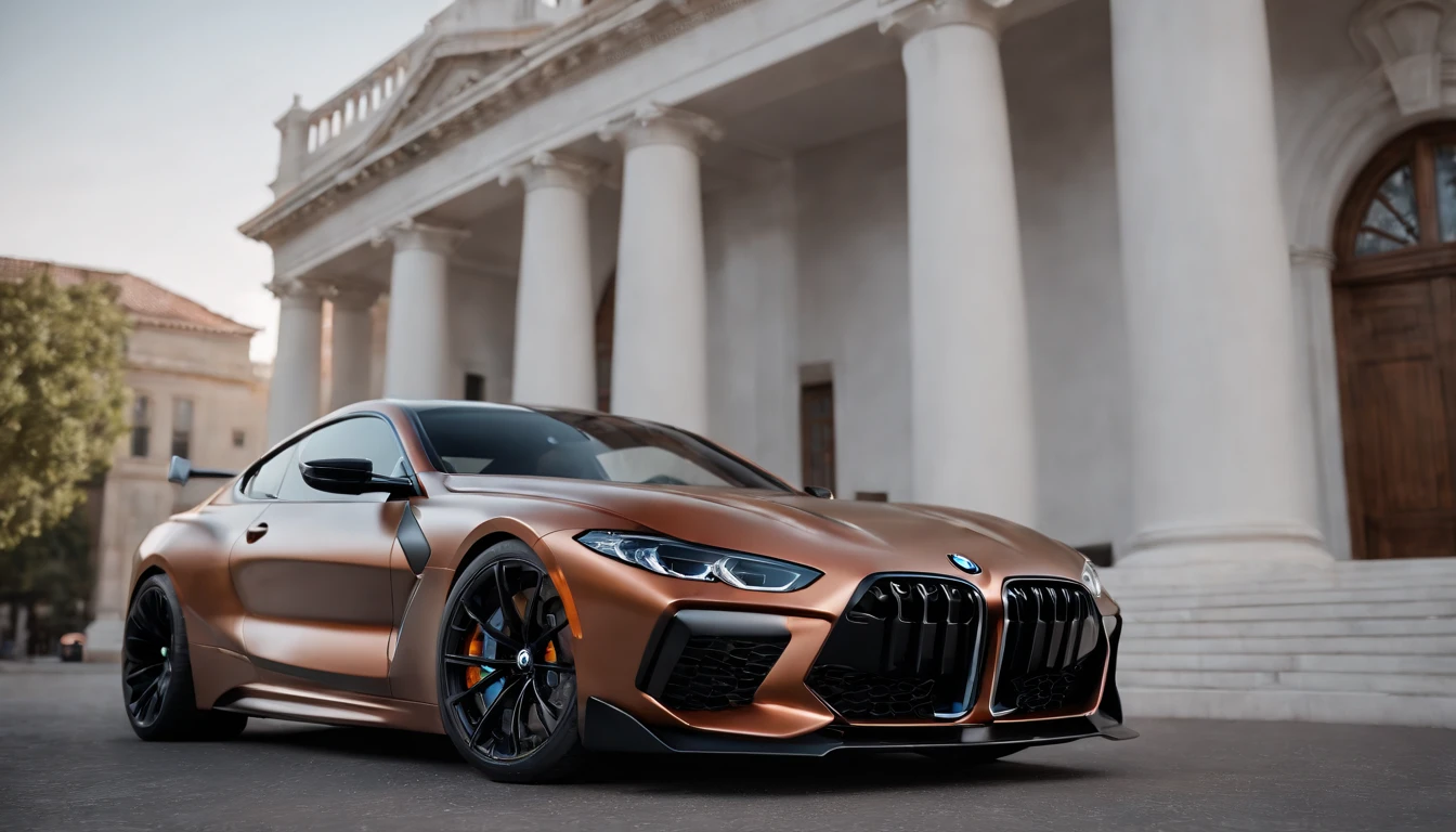 a close up of a copper and black bagged 2024 BMW m8  racecar parked in a parking lot, infront of a sculptured modern building, architectural art, hyper real render, 8 k cg render, angry 8 k, 8k render”, 8 k render, 8k render, wide body, hyper realistic style, in game style 8k, 8k octane 3d render, 8k in the style, 8k octane rendered, realistic cars