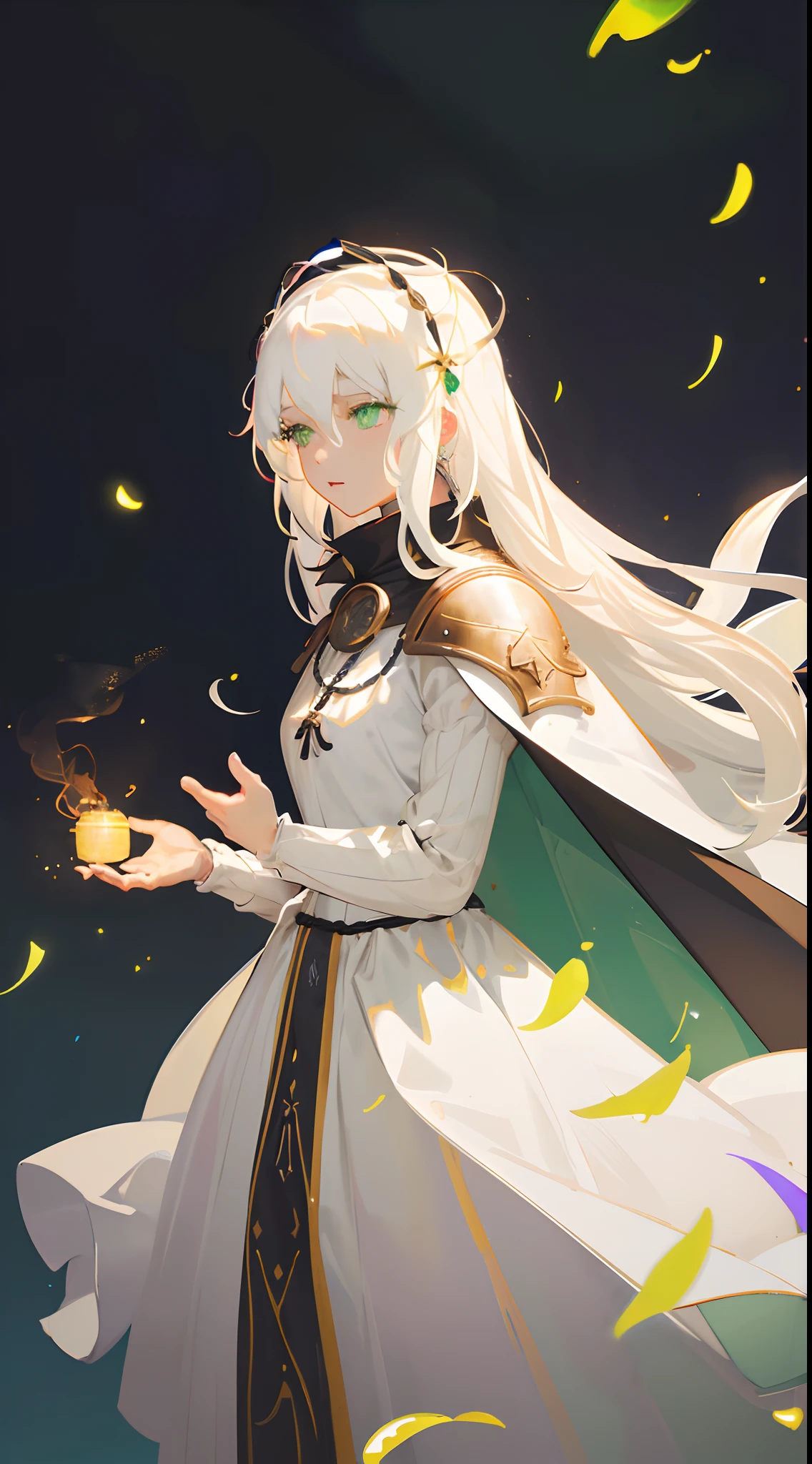 1girl, (White hair:1.8), (Light green eyes:1.7), dress, Black and white medieval clothing, (Medieval cape short black:1.6). (Long hair, Masterpiece:1.6), Best quality, super detail, 16k, anatomically correct, (beautiful eyes:1.5), retina, (shooting stars:0.9), (nebula:1.3), distant mountains, trees BREAK production art, (warm light source:1,2), (Fireflies:1,2), lamps, lots of purple and orange, intricate details, volumetric lighting BREAK (masterpiece:1.2), (best quality), 4K, very detailed, (dynamic composition:1.4), very detailed, colorful detail, (colorful color:1.2), (luminous lighting, atmospheric lighting), dreamy, magical, (Solo:1.2)