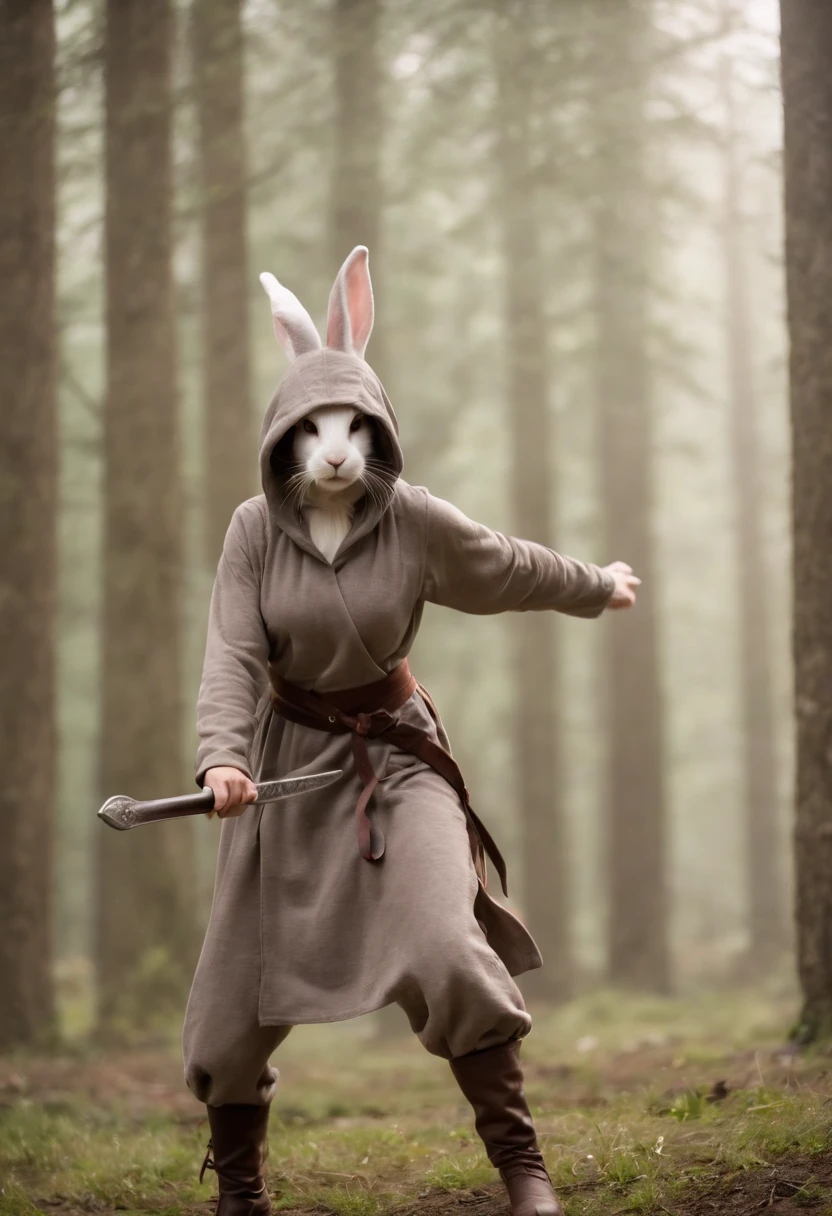 rabbit woman fighting stance, sword, boots, hooded face with ears out, rabbit, hare