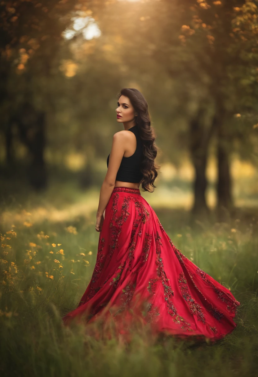 long skirt, dark hair, piwne oczy, seksowna pozycja