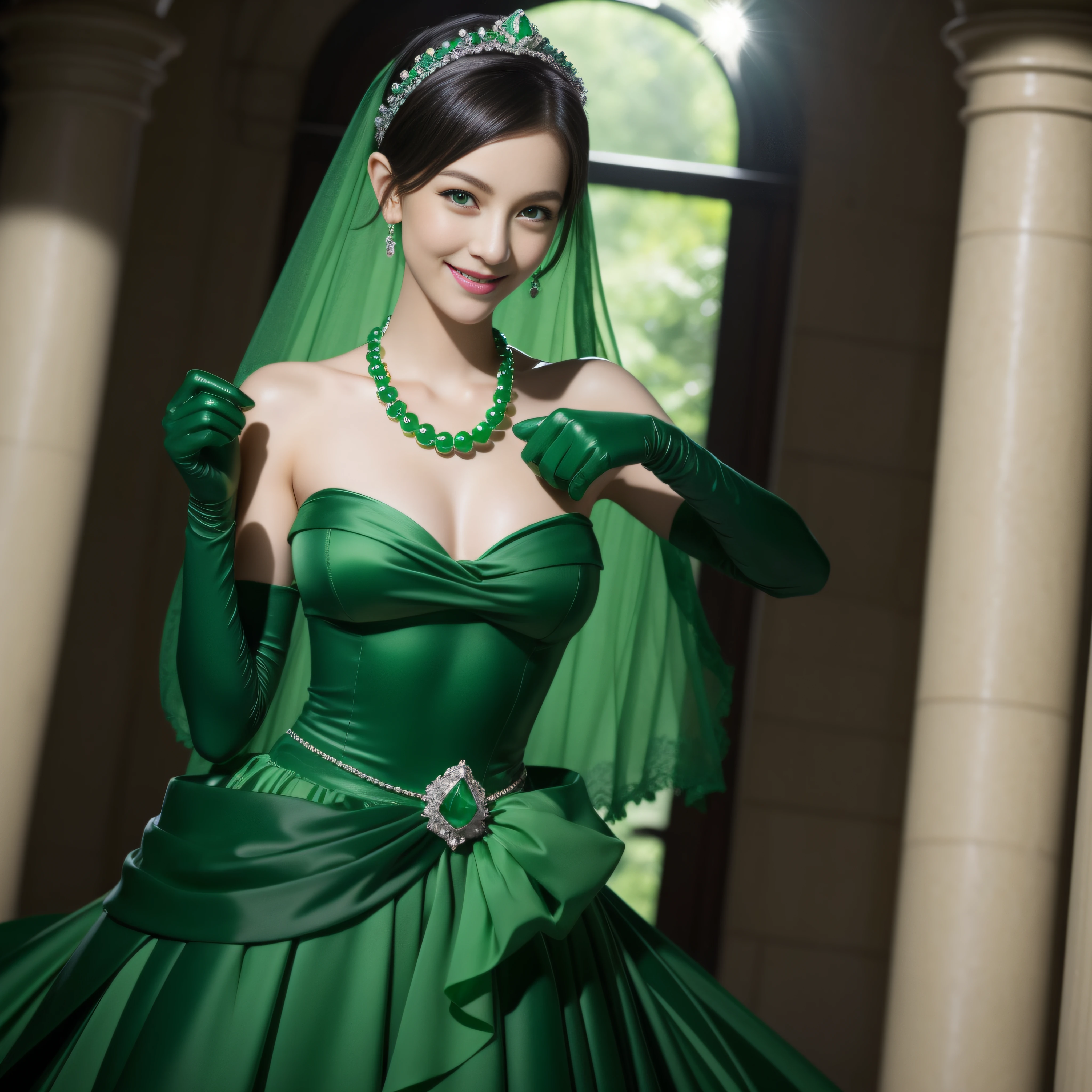 emerald tiara, Green Pearl Necklace, Boyish very short black hair, lipsticks, Japan woman smiling, very short short hair, big breasts beautiful, Green eyes, Long green gloves made of satin material, Green eyes, Emerald Earrings