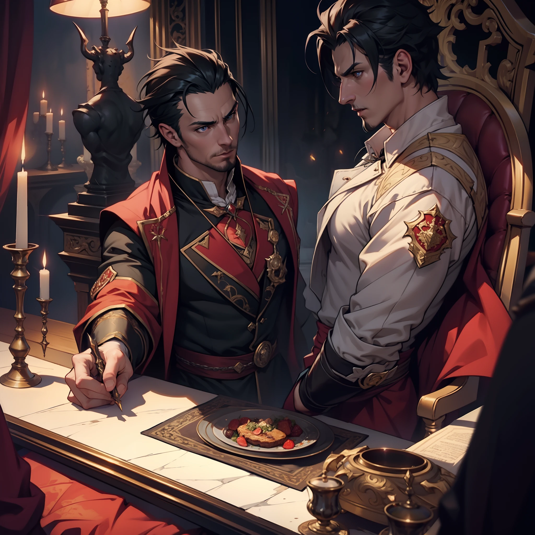 Hyper realistic super detailed Dynamic shot centerpiece cutscene scenes movie Epic Legendary Lord Dracula with other characters discussing with other Characters