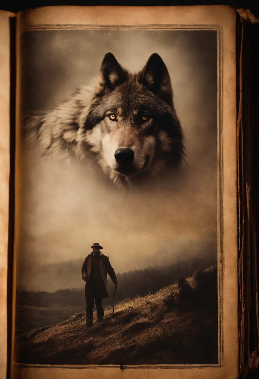 Antique book with battered leather cover and old wolf story pages