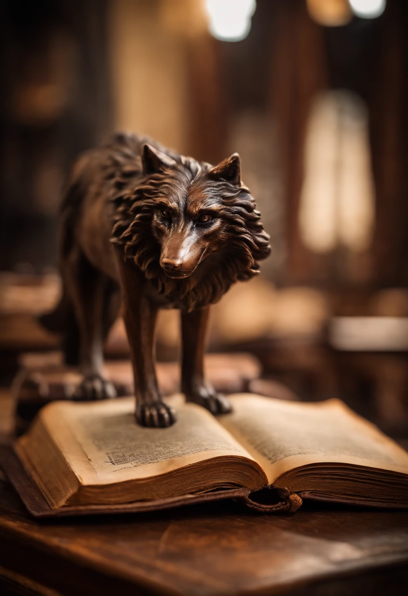 Antique book with battered leather cover and old wolf story pages