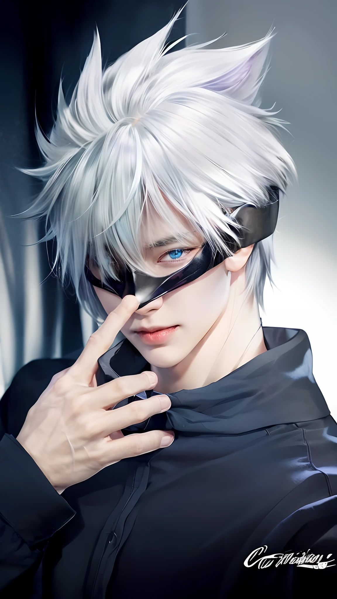 1man, gojo satoru in anime jujutsu kaisen, short hair , white hair, blue ligth eyes, handsome, smile, purple clothes, realistic clothes, detail clothes, city background, ultra detail, realistic