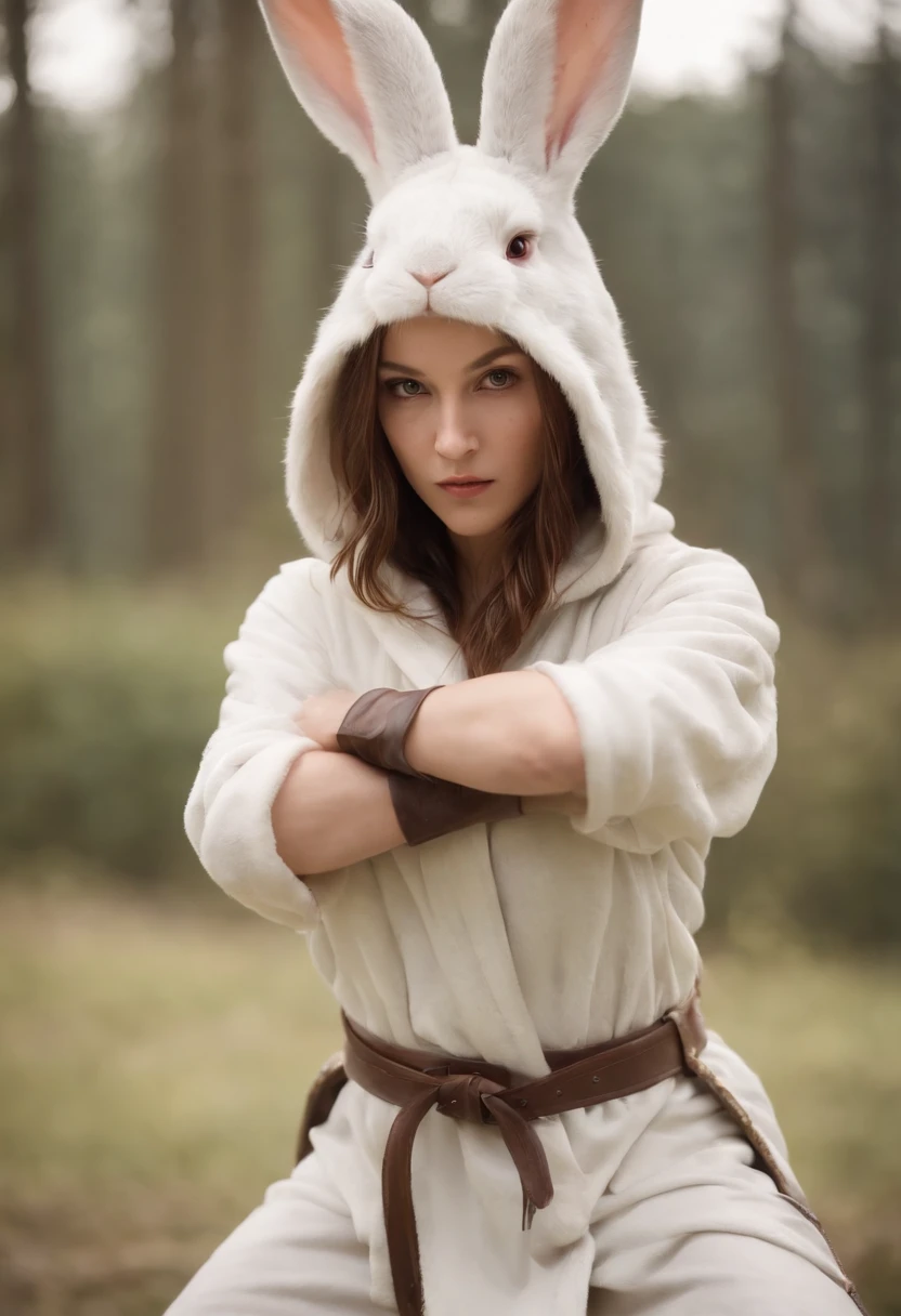 female rabbit fighting stance, sword, boots, hooded face with ears out, rabbit, hare
