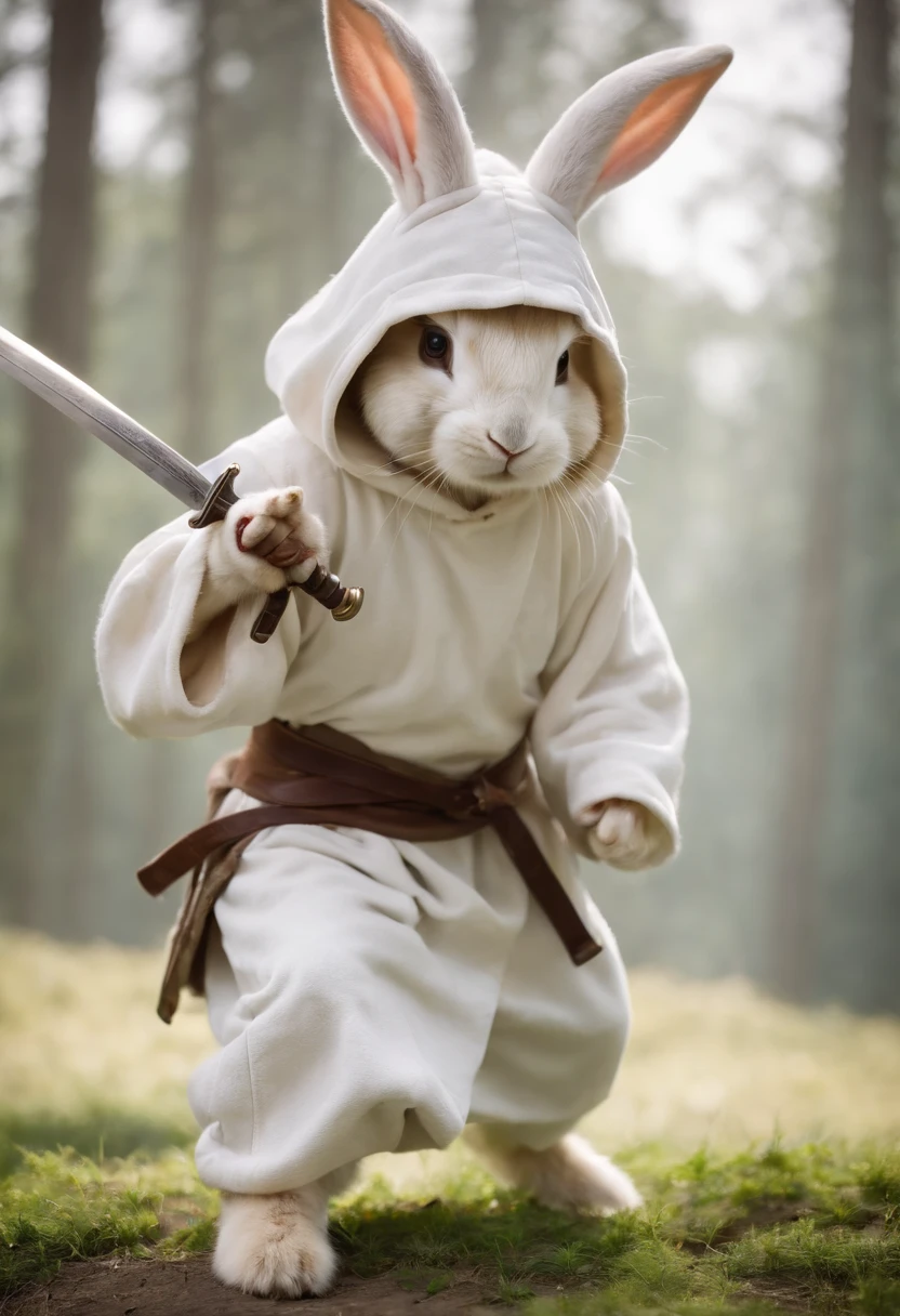 female rabbit fighting stance, sword, boots, hooded face with ears out, rabbit, hare