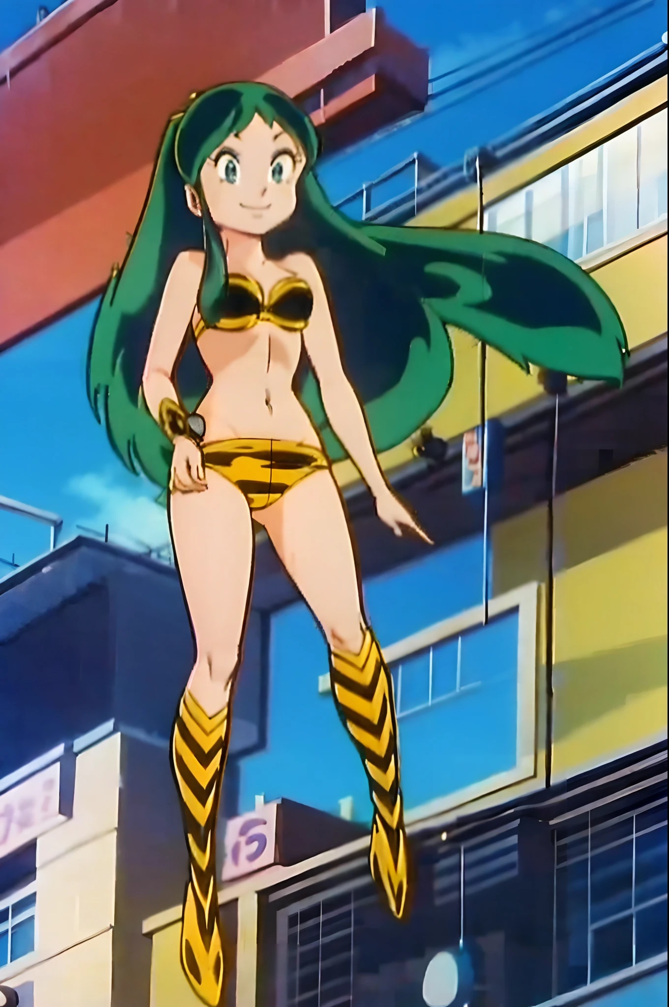 lum, bikini, standing, levitating, boots, oni, smile,
