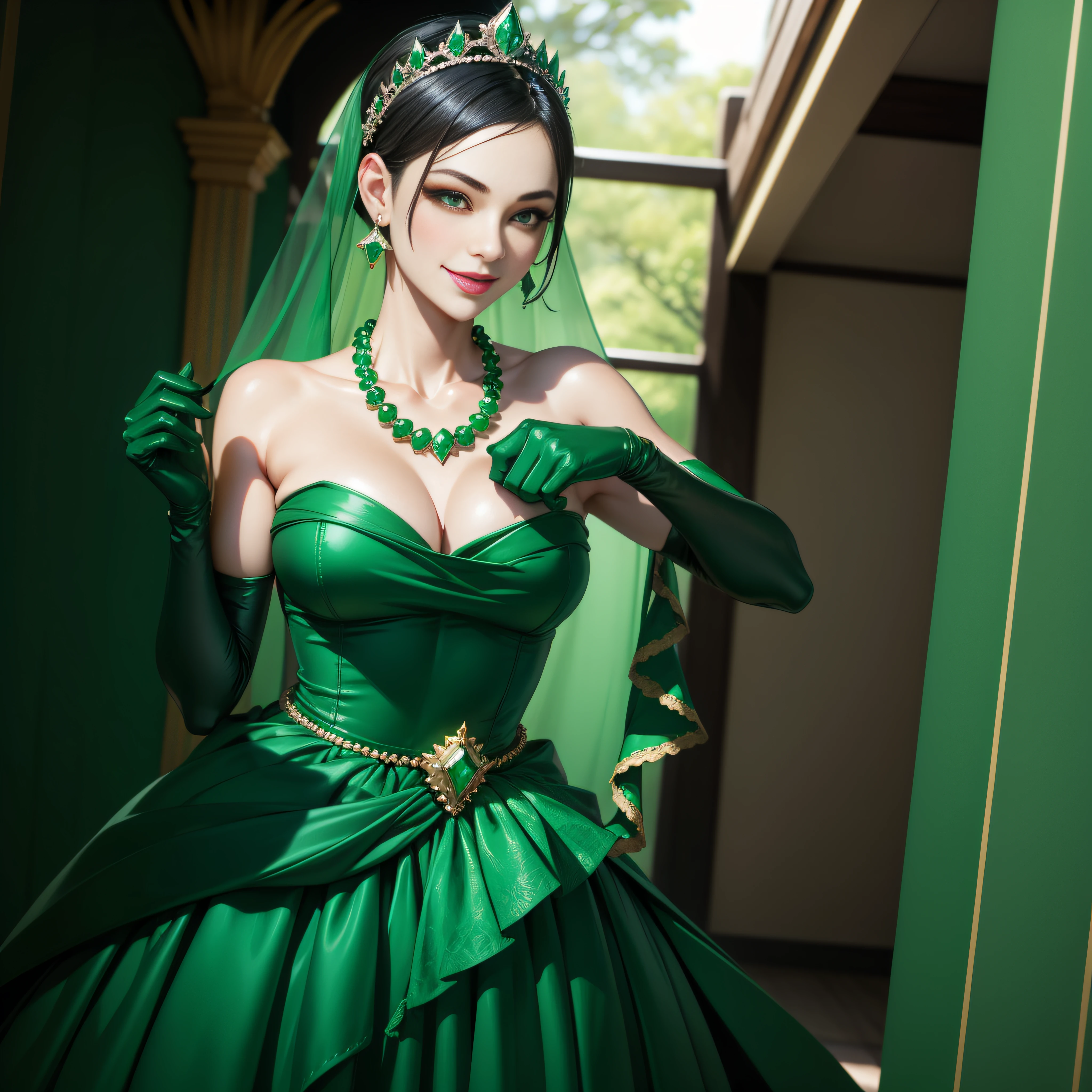 emerald tiara, Green Pearl Necklace, Boyish very short black hair, lipsticks, Japan woman smiling, very short short hair, big breasts beautiful, Green eyes, Long green gloves made of satin material, Green eyes, Emerald Earrings