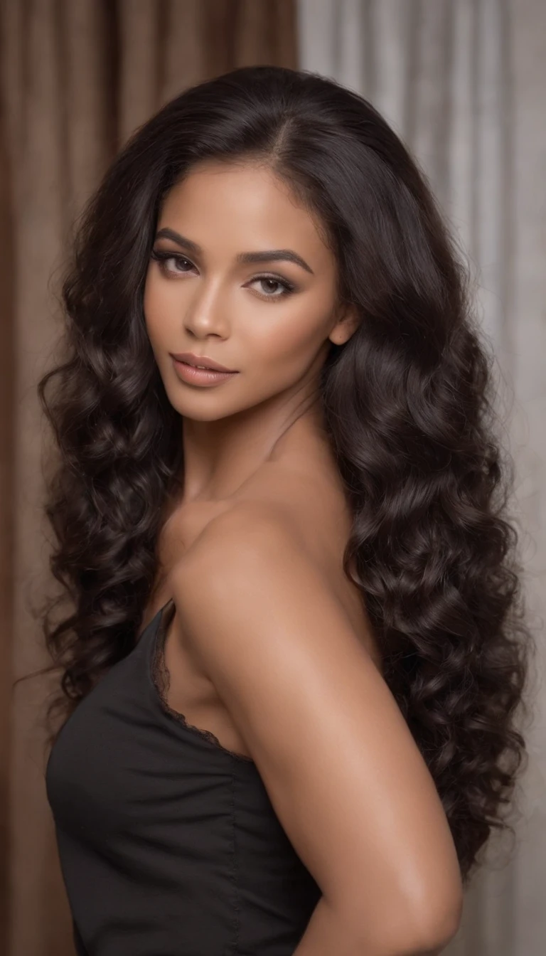 A beautiful and incredible black Brazilian woman,Retrato da parte superior do corpo,Free curls, cabelo encaracolado preto, (Escuro, Menor, cabelos cacheados), Cabelo encaracolado longo preto selvagem, Multiversales Cabelos, Brasileiro, Cabelo curto preto cacheado, Cabelos pretos cacheados, seduzir, cabelos lisos, longos, sensual, seduzir, lisos, Helles, cabelos cumprido, Cabelo, lockiger Pony corpo, lingerie sexy, fundo levemente desfocado, 8k, RAW, professional camera, sorriso, olha para mim. Sedutora, confiante, segura, independente, fundo hotel luxuoso, hotel deitada na cama, hotel 5 estrelas, hotel de luxo