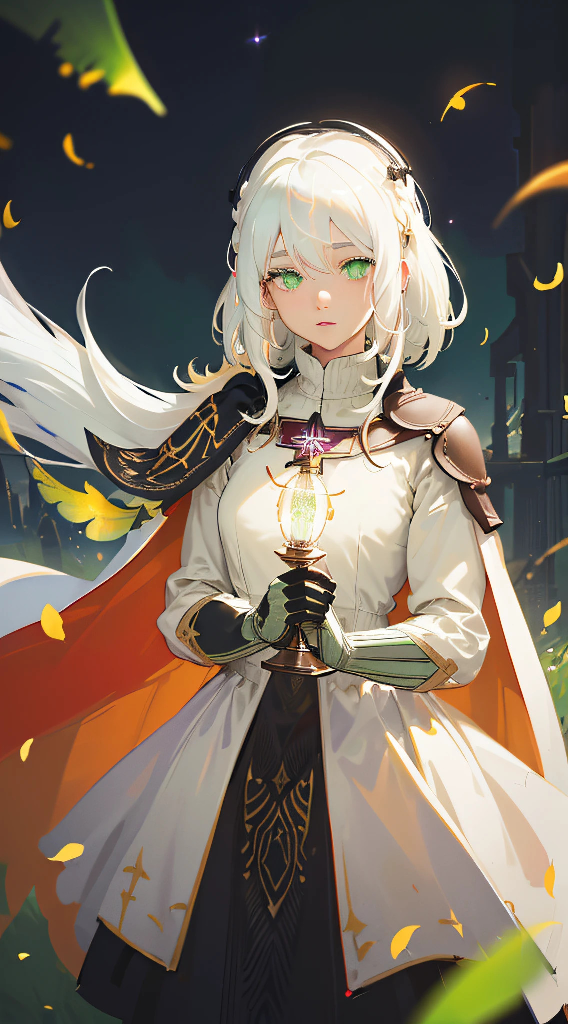 1girl, (White hair:1.8), (Light green eyes:1.7), dress, Black and white medieval clothing, (Medieval cape short black:1.6). (Long hair, Masterpiece:1.6), Best quality, super detail, 16k, anatomically correct, (beautiful eyes:1.5), retina, (full moon:1.2), (shooting stars:0.9), (nebula:1.3), distant mountains, trees BREAK production art, (warm light source:1,2), (Fireflies:1,2), lamps, lots of purple and orange, intricate details, volumetric lighting BREAK (masterpiece:1.2), (best quality), 4K, very detailed, (dynamic composition:1.4), very detailed, colorful detail, (colorful color:1.2), (luminous lighting, atmospheric lighting), dreamy, magical, (Solo:1.2)