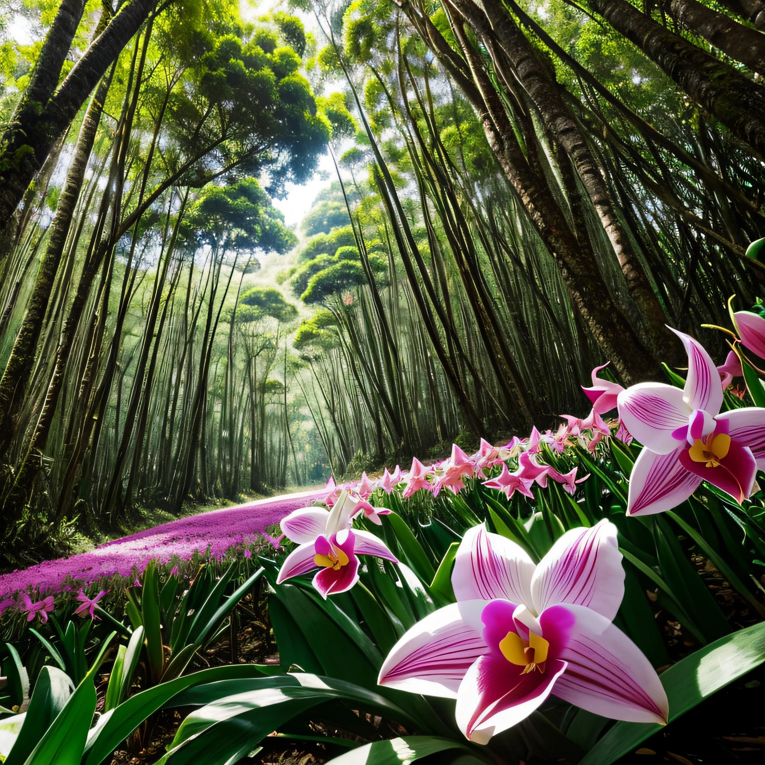 fill still flower orquídeas nativas in florest amazonia, flares, sky line, shade of large trees, nascente de rios, boboletas festejando a primavera