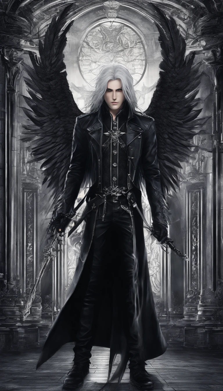 awe-inspiring,, Dark and mysterious interior architecture,, depth of fields, One-person viewpoint, top-quality, high resolution, highly detailed,, ultra -The high-definition, Focus on the eyes, Antiqstyle,  (silver hair: 1.1), (Silver eyes: 1.1), big eye,(Fluttering chest:1.4), light rays, Tyndall phenomenon, Strong light shines in, One-winged fallen angel, Black wings, Castlevania, Alucard, male people, Black leather clothing, Masamune,27yo,