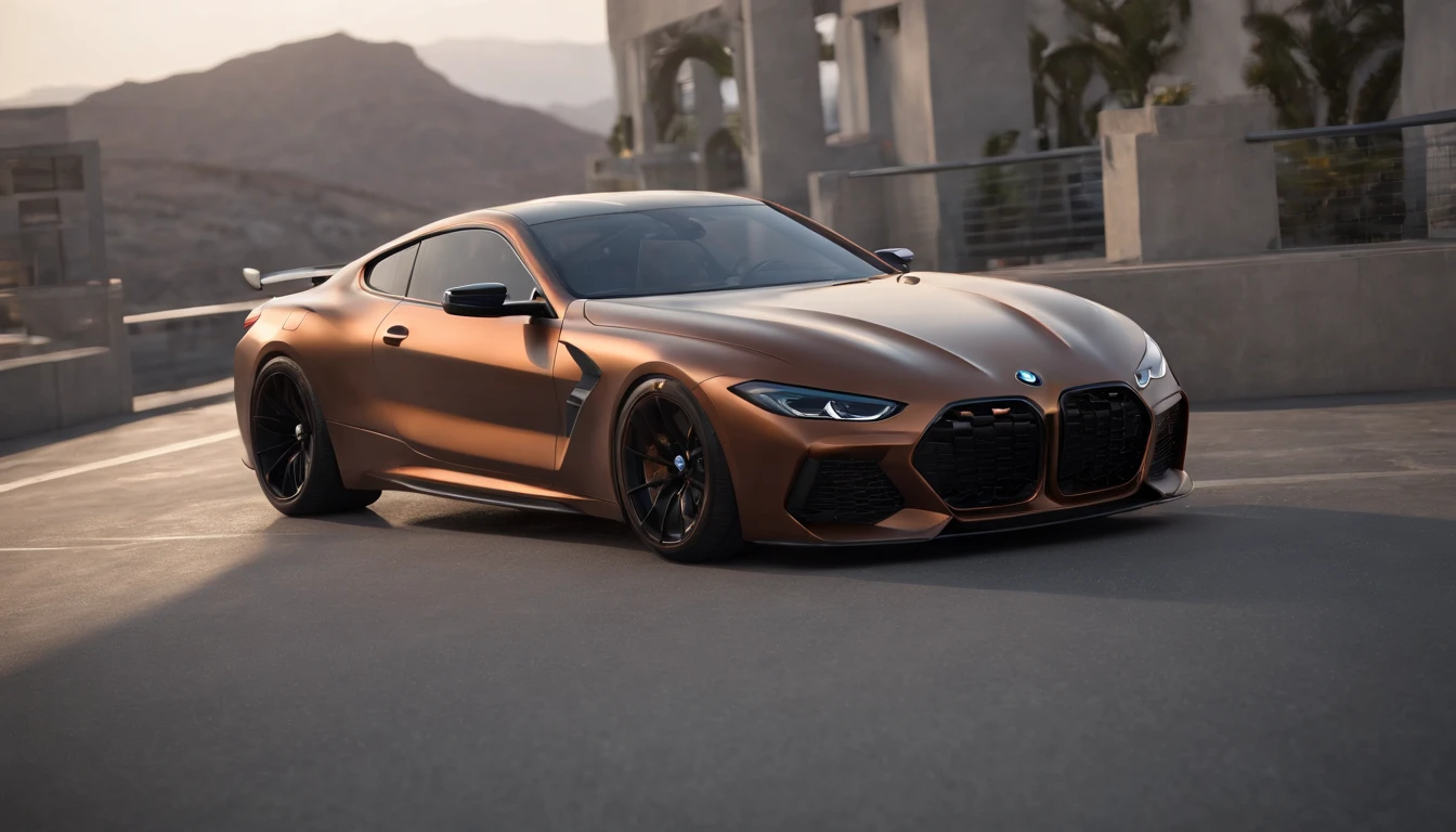 a close up of a copper and black bagged 2024 BMW m8  racecar parked in a parking lot, infront of an intensely futuristic architecture characterized by curving façades, sharp angles, and severe materials such as concrete and steel , architectural art, hyper real render, 8 k cg render, angry 8 k, 8k render”, 8 k render, 8k render, wide body, hyper realistic style, in game style 8k, 8k octane 3d render, 8k in the style, 8k octane rendered, realistic cars