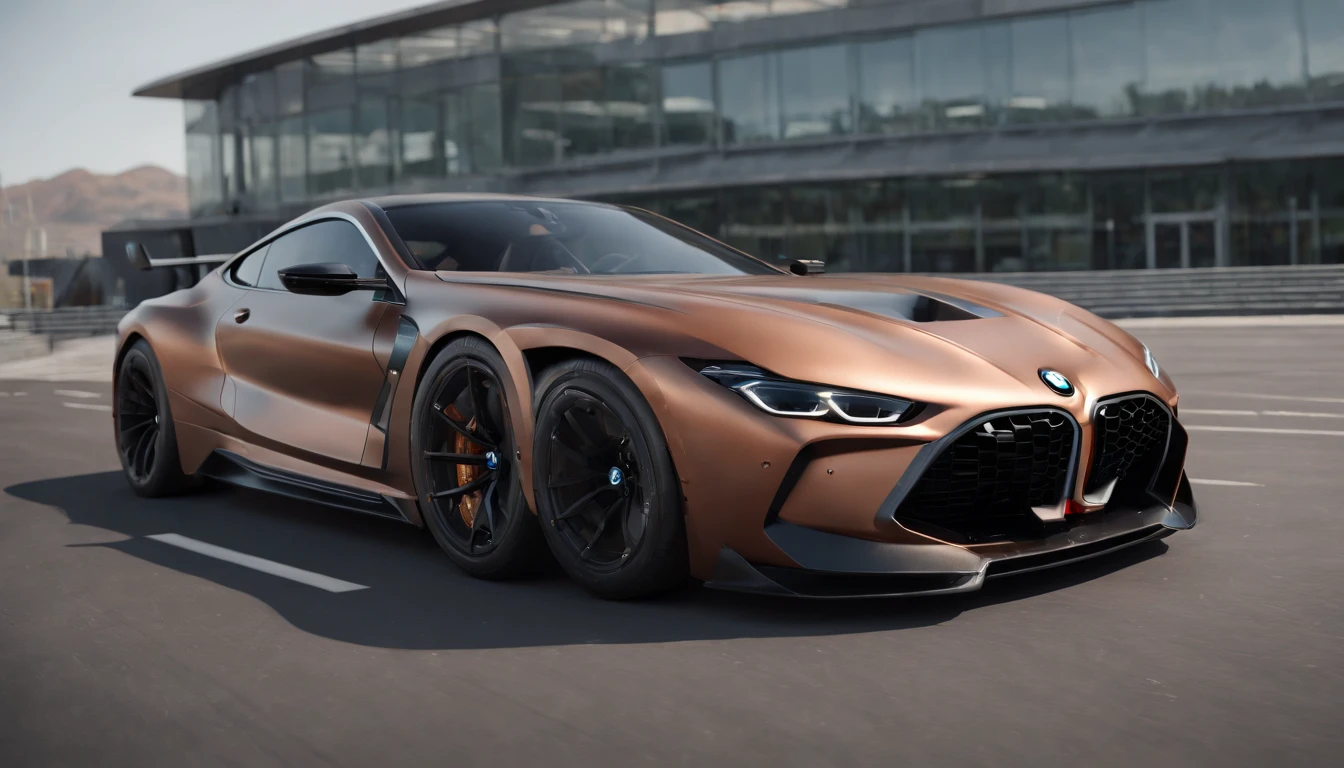 a close up of a copper and black bagged 2024 BMW m8 racecar parked in a parking lot, infront of an intensely futuristic architecture characterized by curving façades, sharp angles, and severe materials such as concrete and steel , architectural art, hyper real render, 8 k cg render, angry 8 k, 8k render”, 8 k render, 8k render, wide body, hyper realistic style, in game style 8k, 8k octane 3d render, 8k in the style, 8k octane rendered, realistic cars