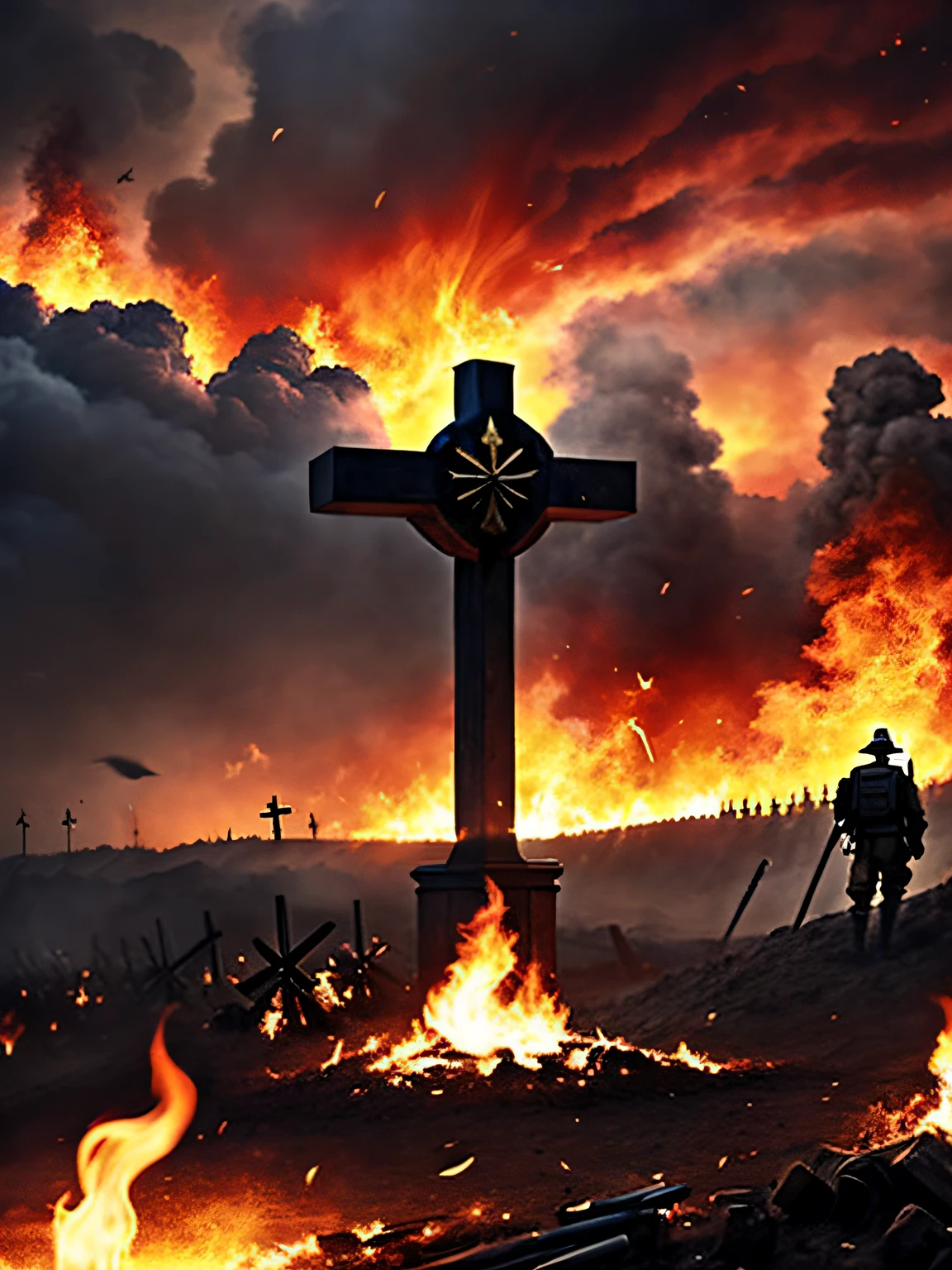 battlefiled,eventide,flame of war,World War II soldiers,dead body,crosses,Burning clouds,smoke of gunpowder,Pitch black