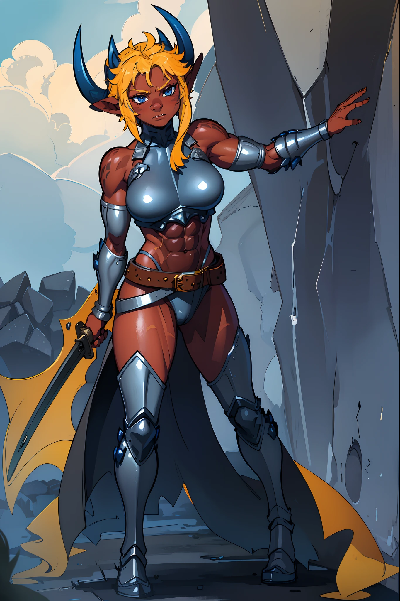 (masterpiece, best quality), outdoors, cowboy shot, 1girl, solo, Arklai, colored skin, tail, large breasts, muscular, abs, biceps, battle cry, clenched hand, (, looking at viewer, breastplate, shoulder armor, leg armor, full armor, holding sword, weapon, holding weapon,standing