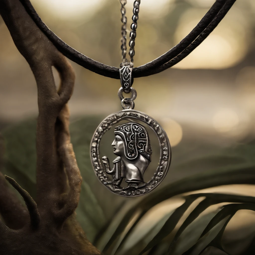 (best quality,4k,highres,masterpiece:1.2),ultra-detailed,realistic,black leather necklace with pendant,eye of horus,animated hand,metal texture,detailed hand,sparkling highlights,grainy leather texture,subtle shadows,dark background,ambient lighting,crisp focus,high contrast,dramatic composition,ancient egyptian symbolism,mysterious atmosphere,warm color tones,exquisite craftsmanship,