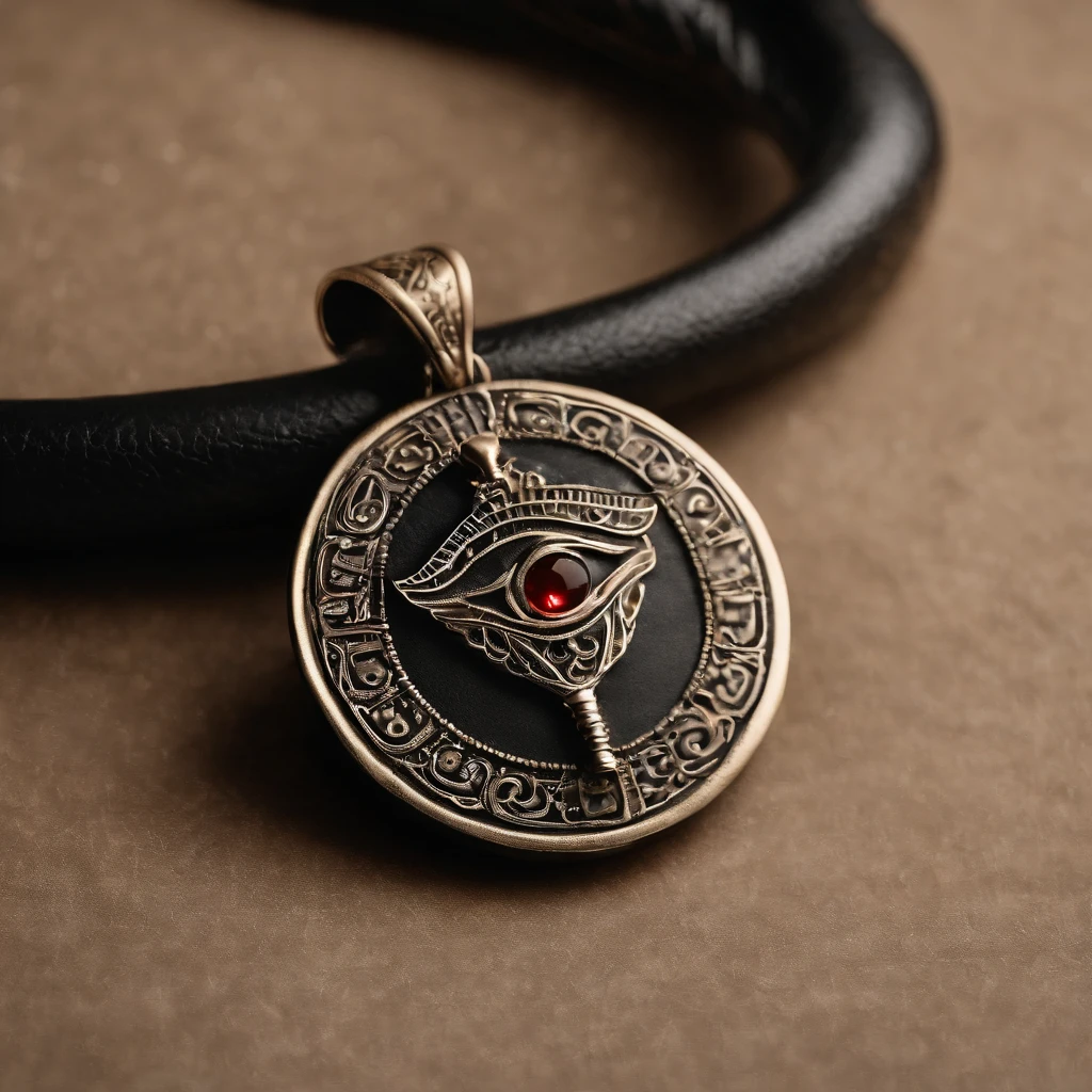 (best quality,4k,highres,masterpiece:1.2),ultra-detailed,realistic,black leather necklace with pendant,eye of horus,animated hand,metal texture,detailed hand,sparkling highlights,grainy leather texture,subtle shadows,dark background,ambient lighting,crisp focus,high contrast,dramatic composition,ancient egyptian symbolism,mysterious atmosphere,warm color tones,exquisite craftsmanship,