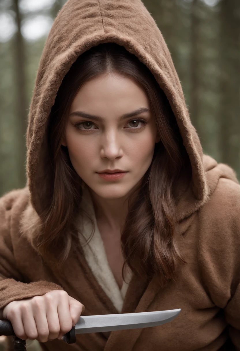 hare head, woman body, brown fur, beautiful, , fighting with sword, hood over face, brown clothes, martial arts, old