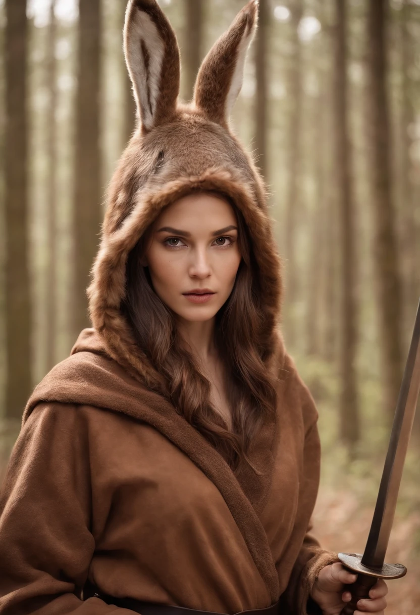 hare head, woman body, brown fur, beautiful, , fighting with sword, hood over face, brown clothes, martial arts, old