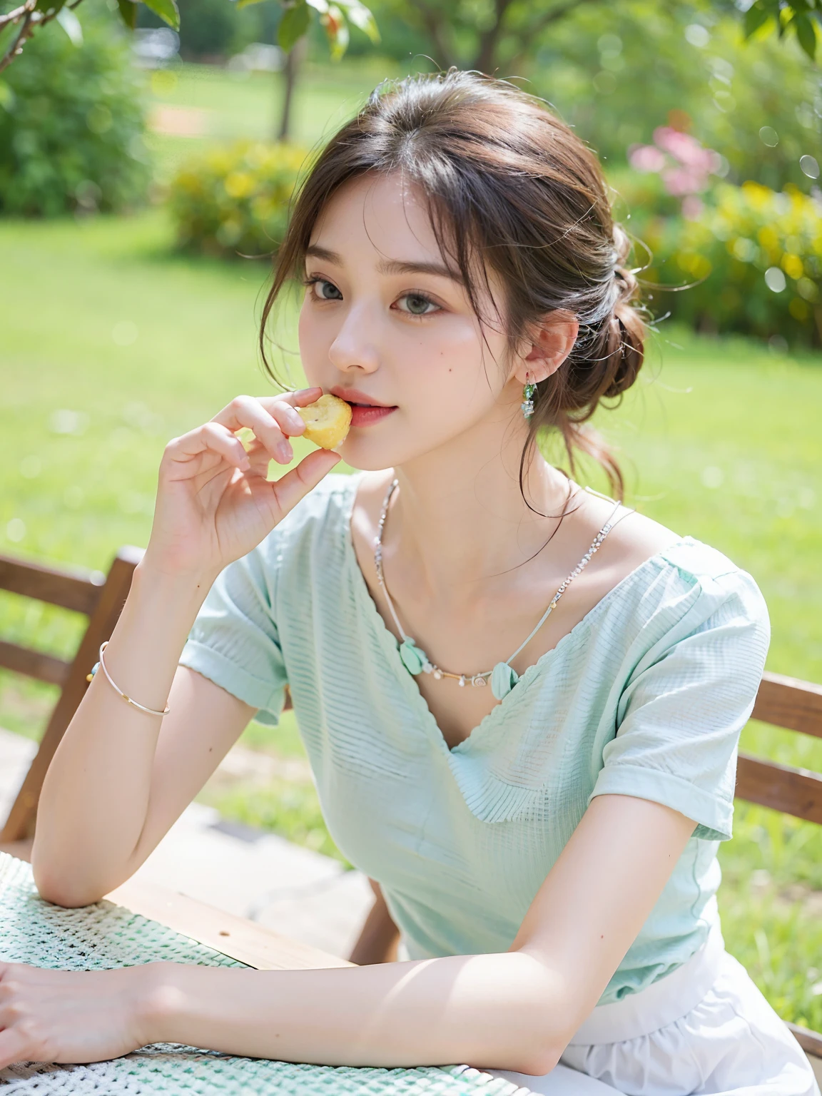 there is a woman sitting at a table eating a donut, soft cute colors, light green tone beautiful face, pastel green, soft green natural light, a cute young woman, 8k)), pale green halter top, cute young woman, necklace, gorgeous lady, feminine in cute pastel shades, young and cute girl, beads cross onbare chest, photo of slim girl model, Best picture quality, masterpiece, ultra high resolution, 8k, cleavage, big boobs, bust detail, hair detail, eye detail, sharp eyes, thin smile, professional lighting