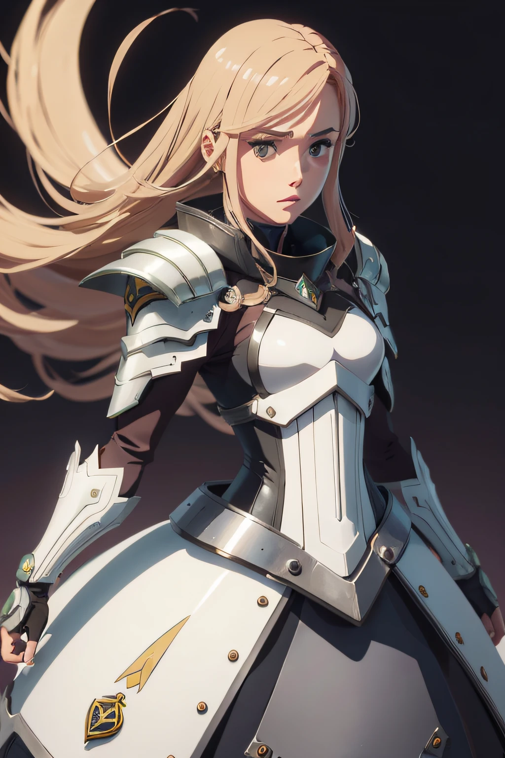 Personagem garota cabelos loiros anime armadura prateada estilo makoto shinkai acompanhada de um cabrito branco