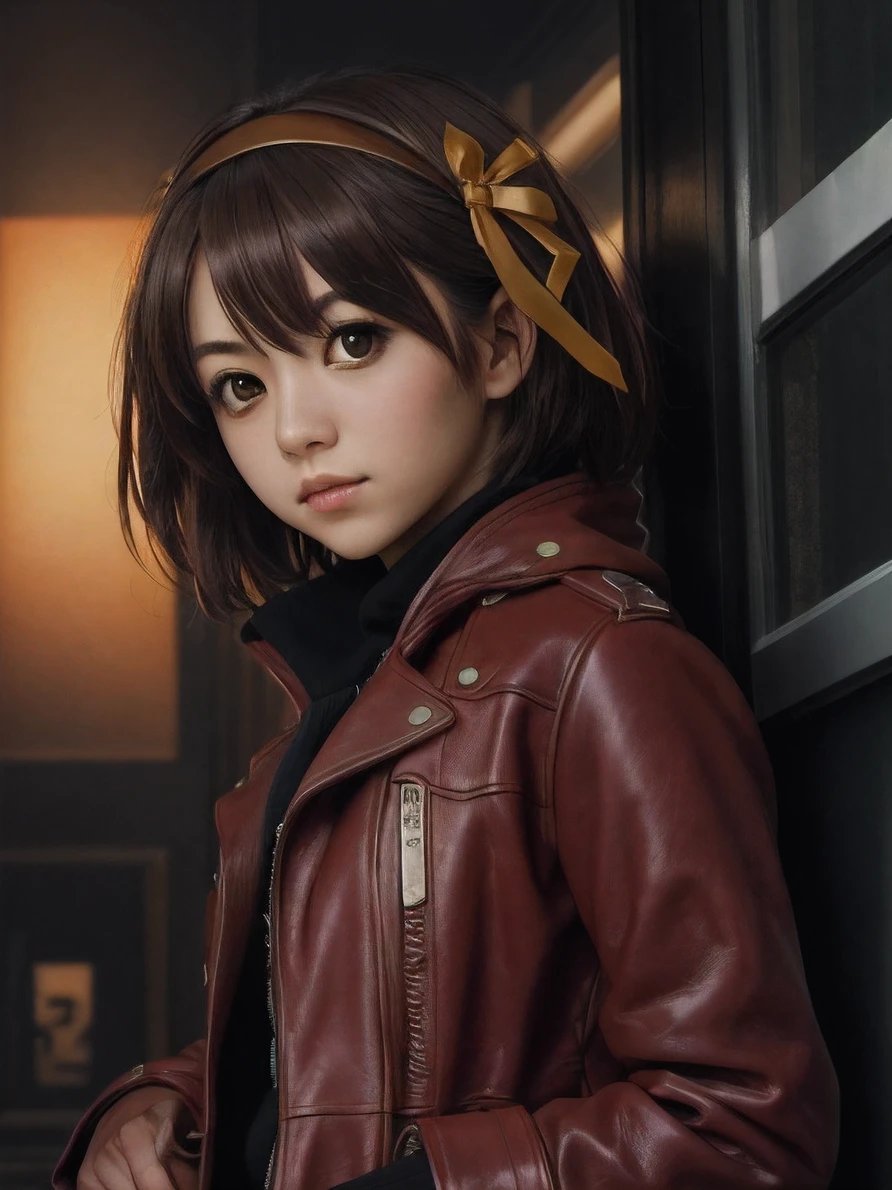 (highres, best quality:1.2), 1girl, radiance,  upper body, Haruhi Suzumiya as Starlord, guardians of the Galaxy, red leather coat,  suzumiya haruhi, solo, brown hair, short hair, brown eyes,  hairband, medium hair, ribbon, cowboy shot, ((photo)), 8k, japanese teenage girl