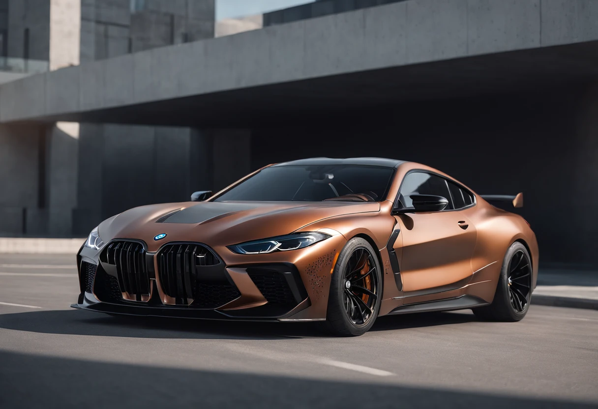 a close up of a copper and black bagged 2024 BMW m8  racecar parked in a parking lot, infront of an intensely futuristic architecture characterized by curving façades, sharp angles, and severe materials such as concrete and steel , architectural art, hyper real render, 8 k cg render, angry 8 k, 8k render”, 8 k render, 8k render, wide body, hyper realistic style, in game style 8k, 8k octane 3d render, 8k in the style, 8k octane rendered, realistic cars