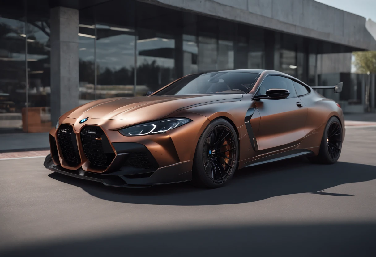 a close up of a copper and black bagged 2024 BMW m8 racecar parked in a parking lot, infront of an intensely futuristic architecture characterized by curving façades, sharp angles, and severe materials such as concrete and steel , architectural art, hyper real render, 8 k cg render, angry 8 k, 8k render”, 8 k render, 8k render, wide body, hyper realistic style, in game style 8k, 8k octane 3d render, 8k in the style, 8k octane rendered, realistic cars