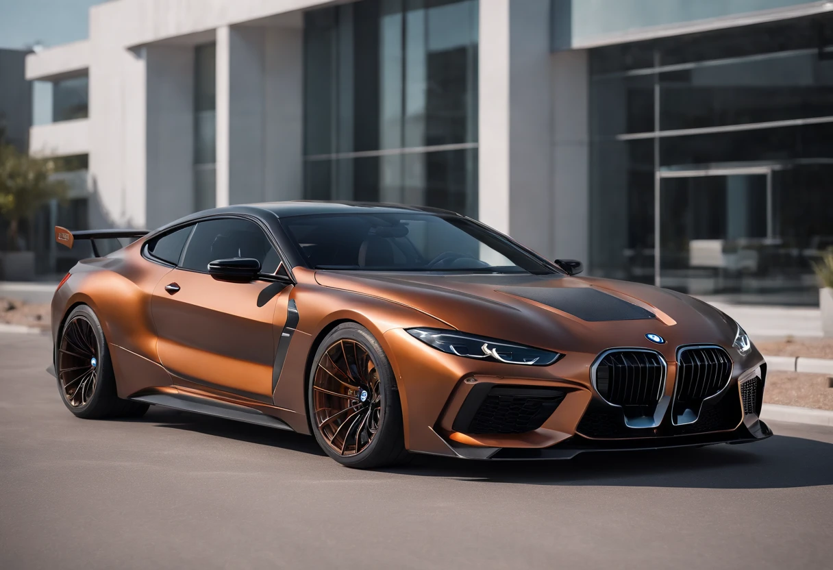a close up of a copper and black bagged 2024 BMW m8 racecar parked in a parking lot, infront of an intensely futuristic architecture characterized by curving façades, sharp angles, and severe materials such as concrete and steel , architectural art, hyper real render, 8 k cg render, angry 8 k, 8k render”, 8 k render, 8k render, wide body, hyper realistic style, in game style 8k, 8k octane 3d render, 8k in the style, 8k octane rendered, realistic cars