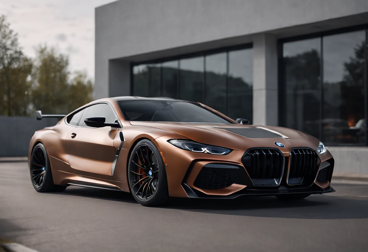 a close up of a copper and black bagged 2024 BMW m8 racecar parked in a parking lot, infront of an intensely futuristic architecture characterized by curving façades, sharp angles, and severe materials such as concrete and steel , architectural art, hyper real render, 8 k cg render, angry 8 k, 8k render”, 8 k render, 8k render, wide body, hyper realistic style, in game style 8k, 8k octane 3d render, 8k in the style, 8k octane rendered, realistic cars