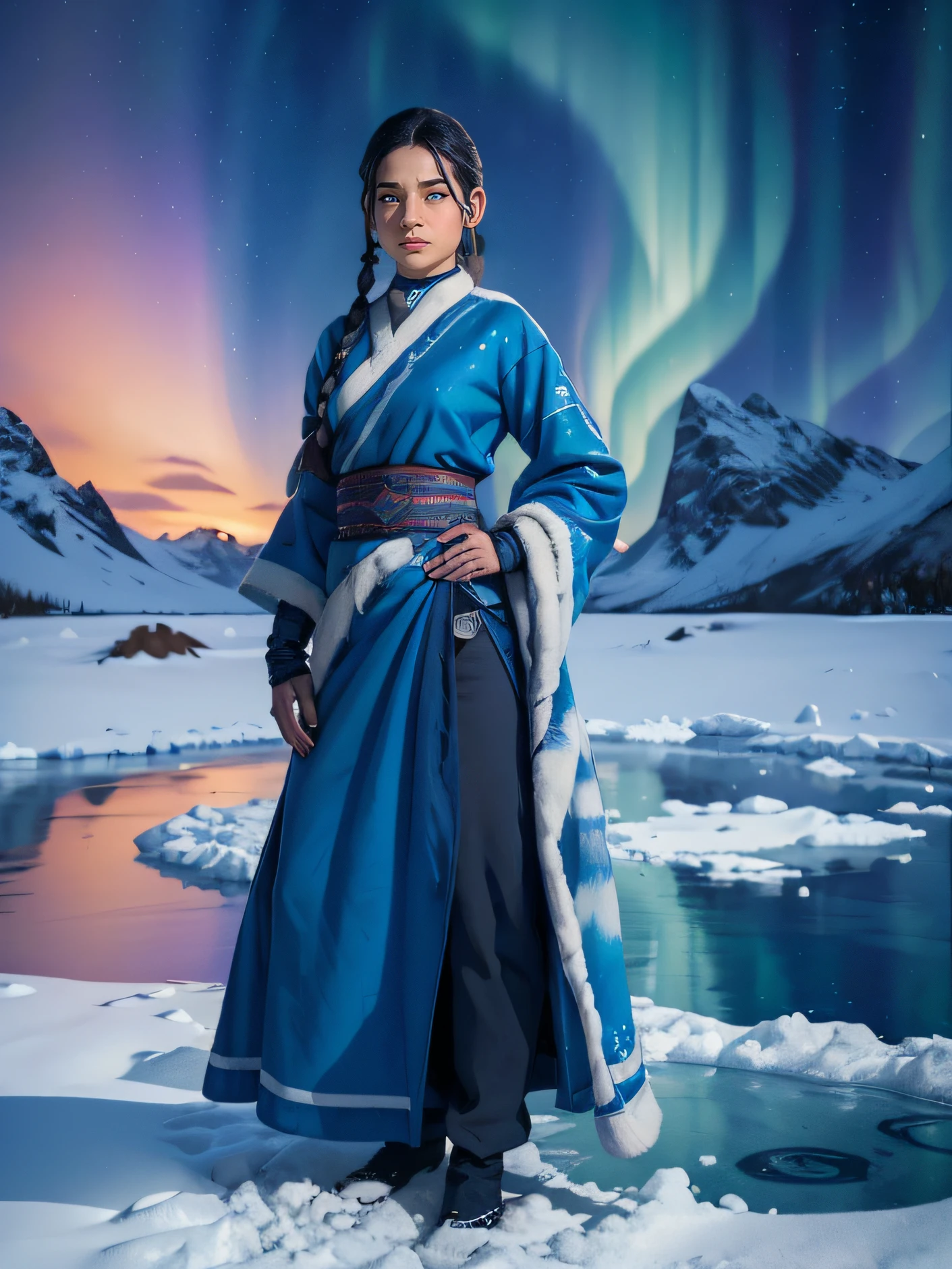 Katara (Avatar the Last Airbender), best quality, realistic, vivid colors, beautiful detailed eyes, flowing water, icy blue color tone, winter landscape, traditional attire, fluffy coat, strong and confident posture, slef defense position, water bending, tribal markings, arctic wind, northern lights, (best quality,4k,highres,masterpiece:1.2),ultra-detailed,(realistic:1.37)